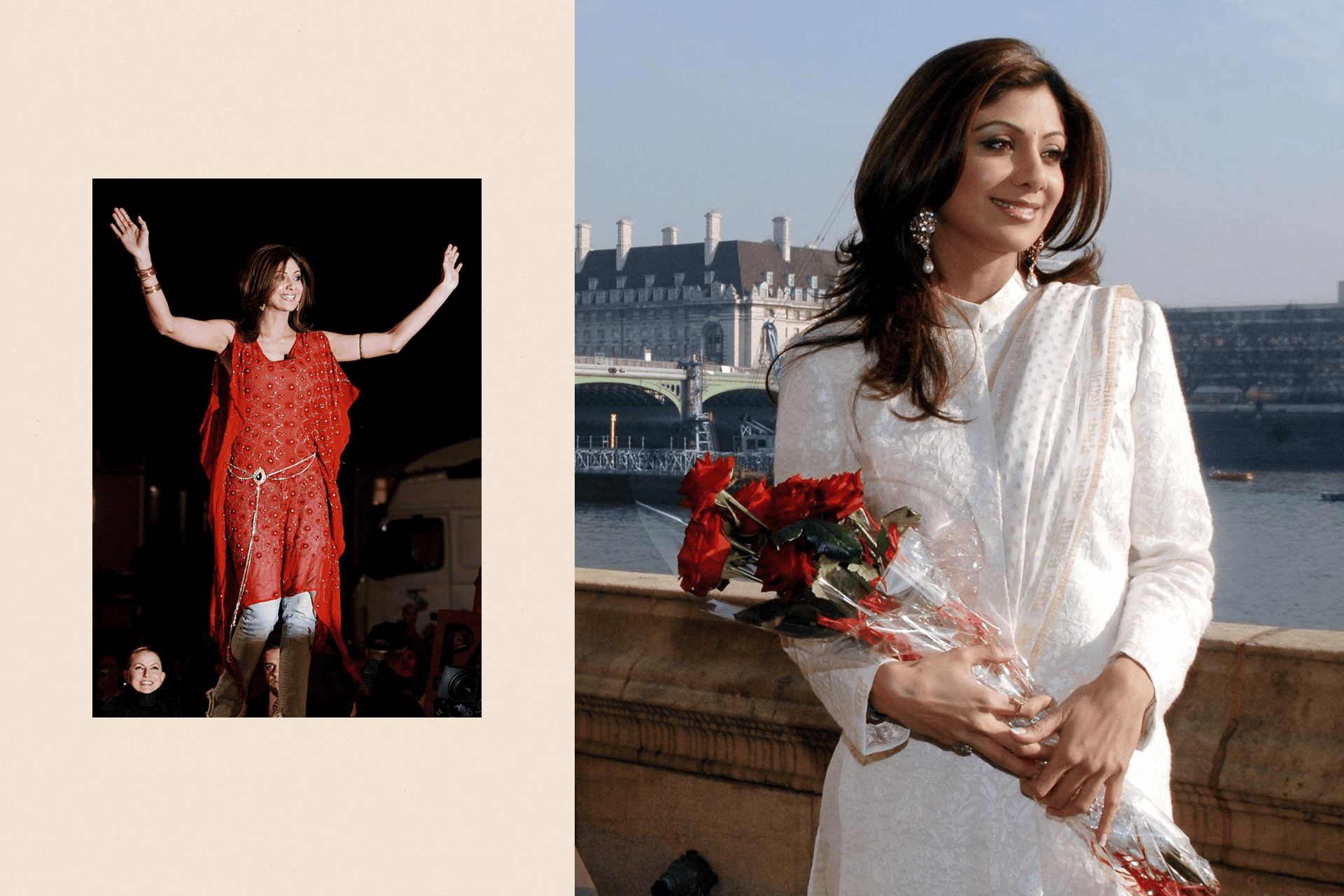 Two images: On the left Shilpa Shetty after leaving the Big Brother house, and on the right, she holds a bouquet of flowers