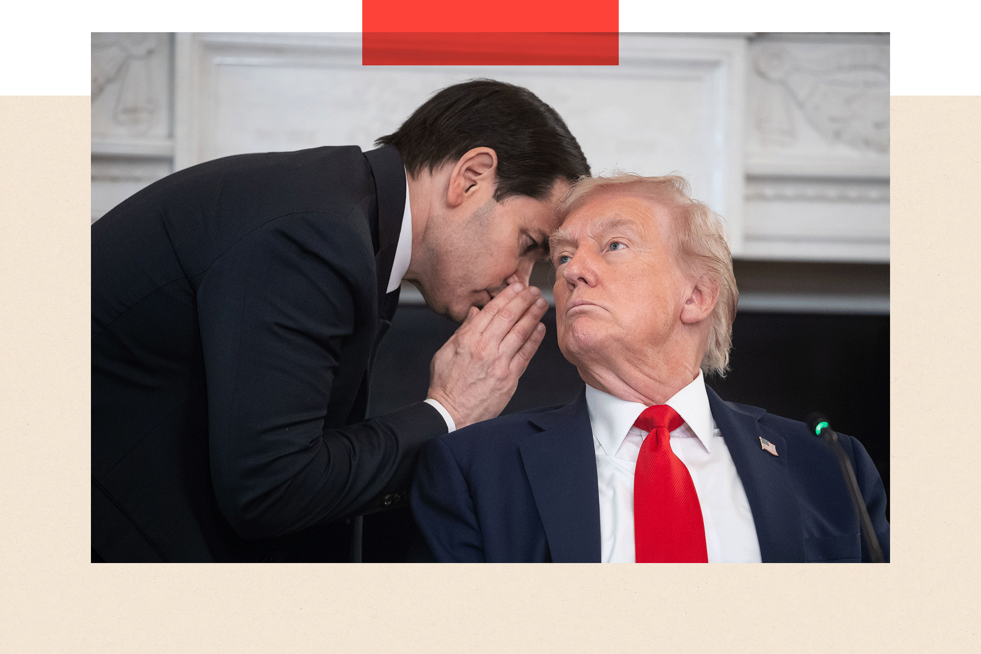 US Secretary of State Marco Rubio (L) whispers to President Donald Trump (R) during a Roundtable on Antifa in the State Dining Room of the White House