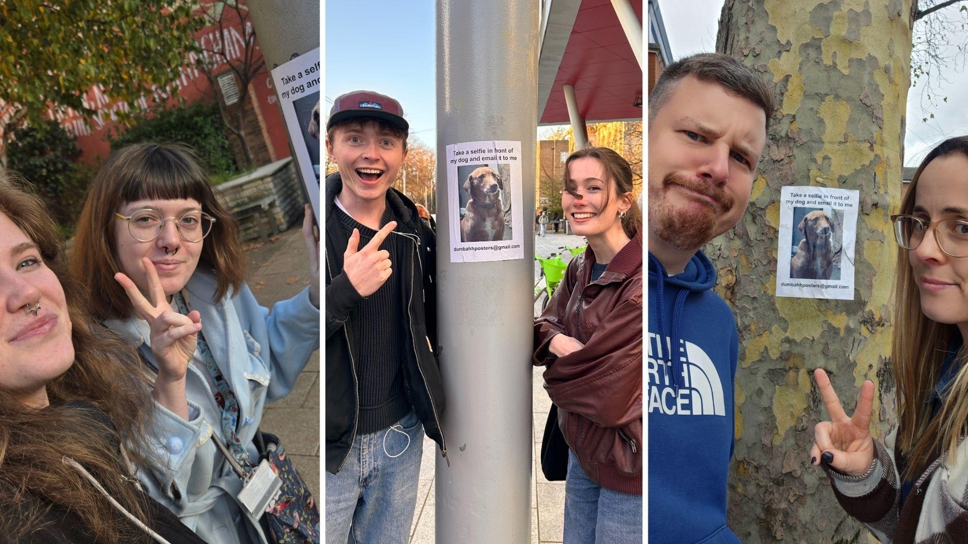 A collage of three pictures. The first shows two people taking a selfie with a poster, one of them doing a peace sign. The second shows a man and woman smiling and pointing at a poster on a pole. The third shows two people posing next to a poster on a tree.