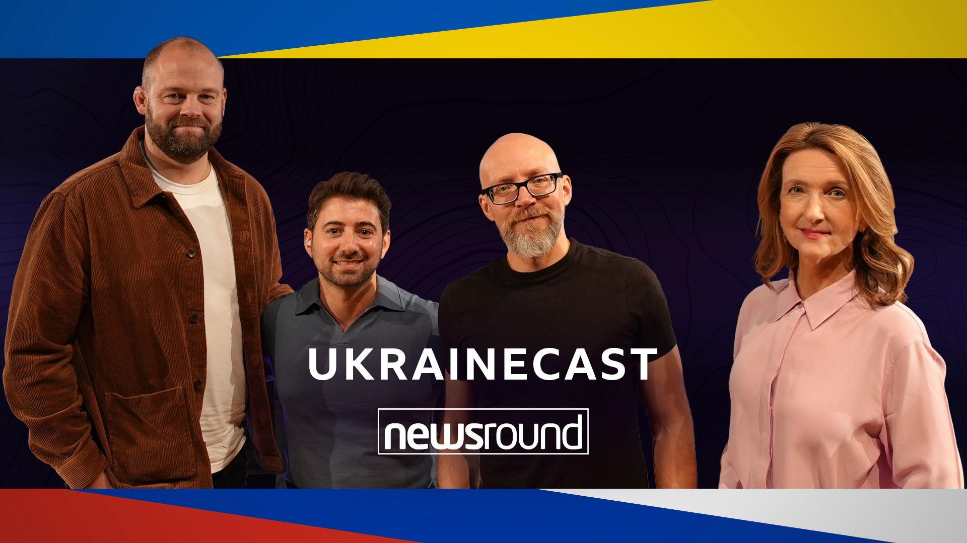 BBC presenters smiling at the camera: the BBC’s Ukraine Correspondent James Waterhouse, Newsround’s Ricky Boleto, Ukrainecast’s Vitaly Shevchenko, and host Victoria Derbyshire 