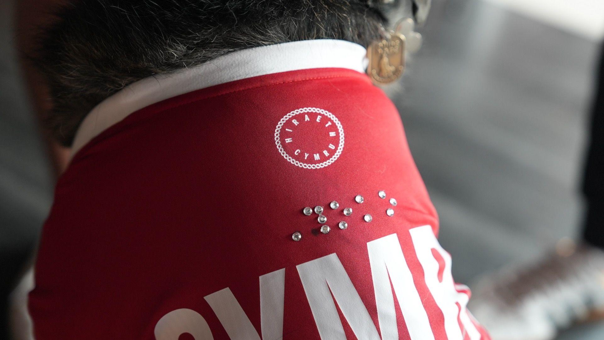 Yoko the guide dog in her Team Wales kit with her name written in Braille on the back.