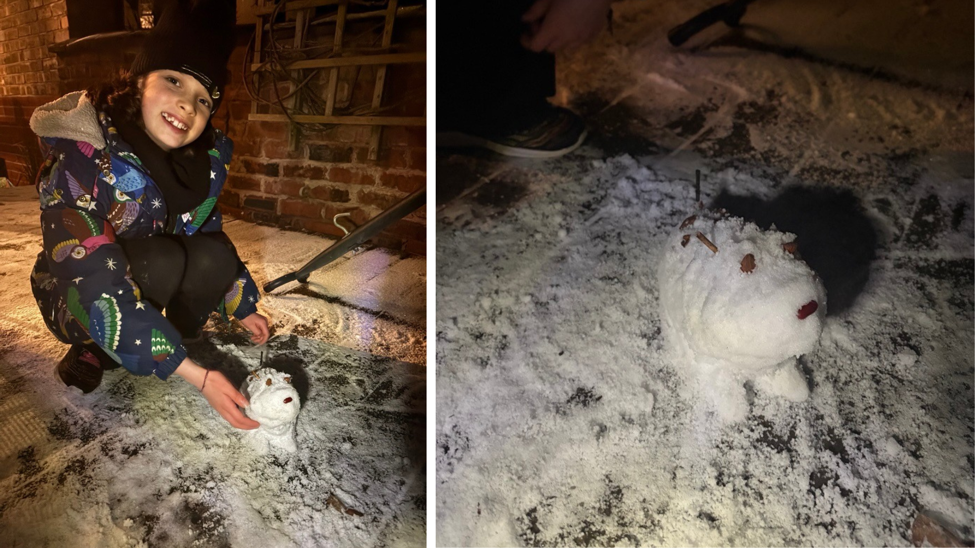 a child wrapped up in a hat and coat with a dog they've made out of snow.