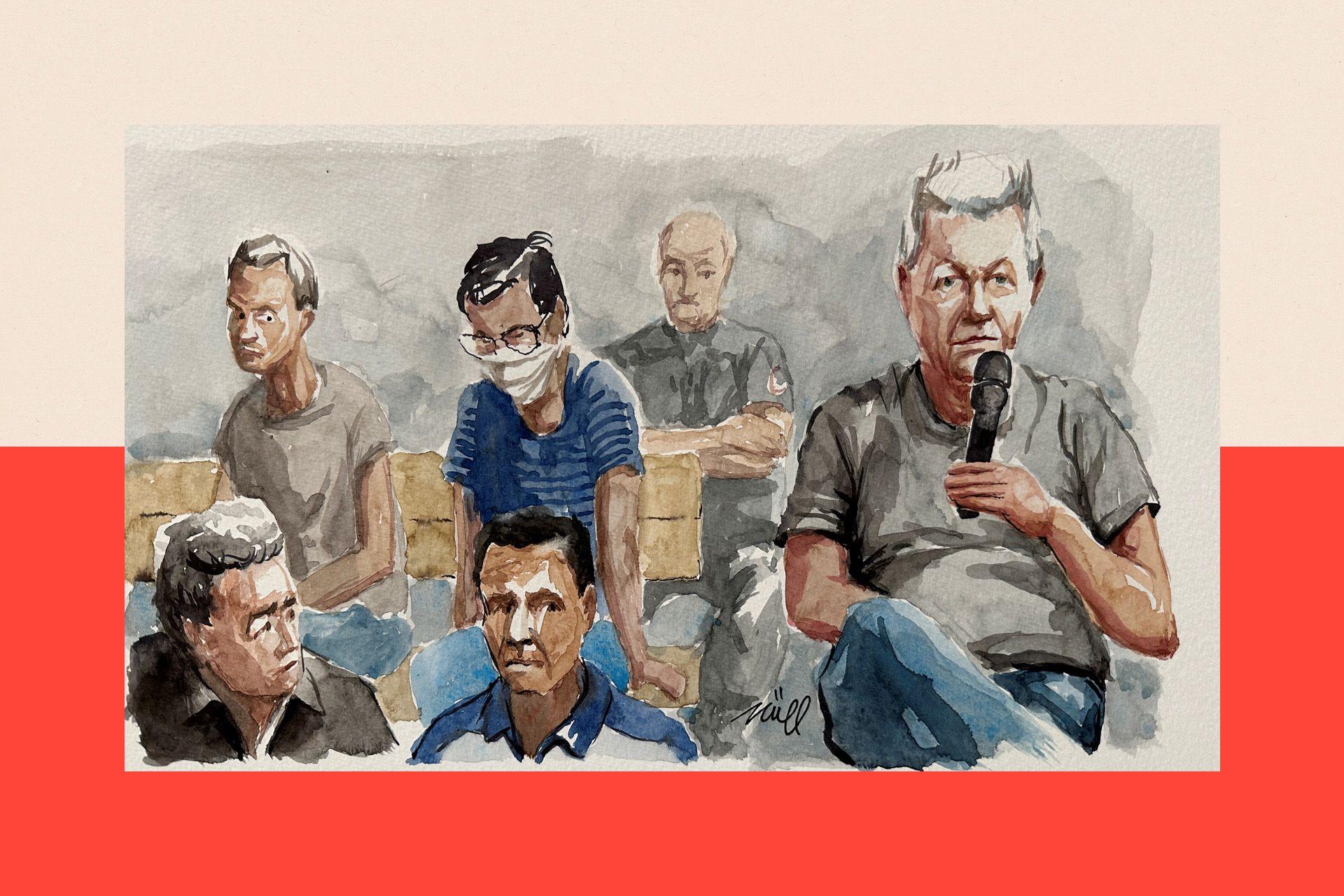 A courtroom sketch of some of the defendants in the trial