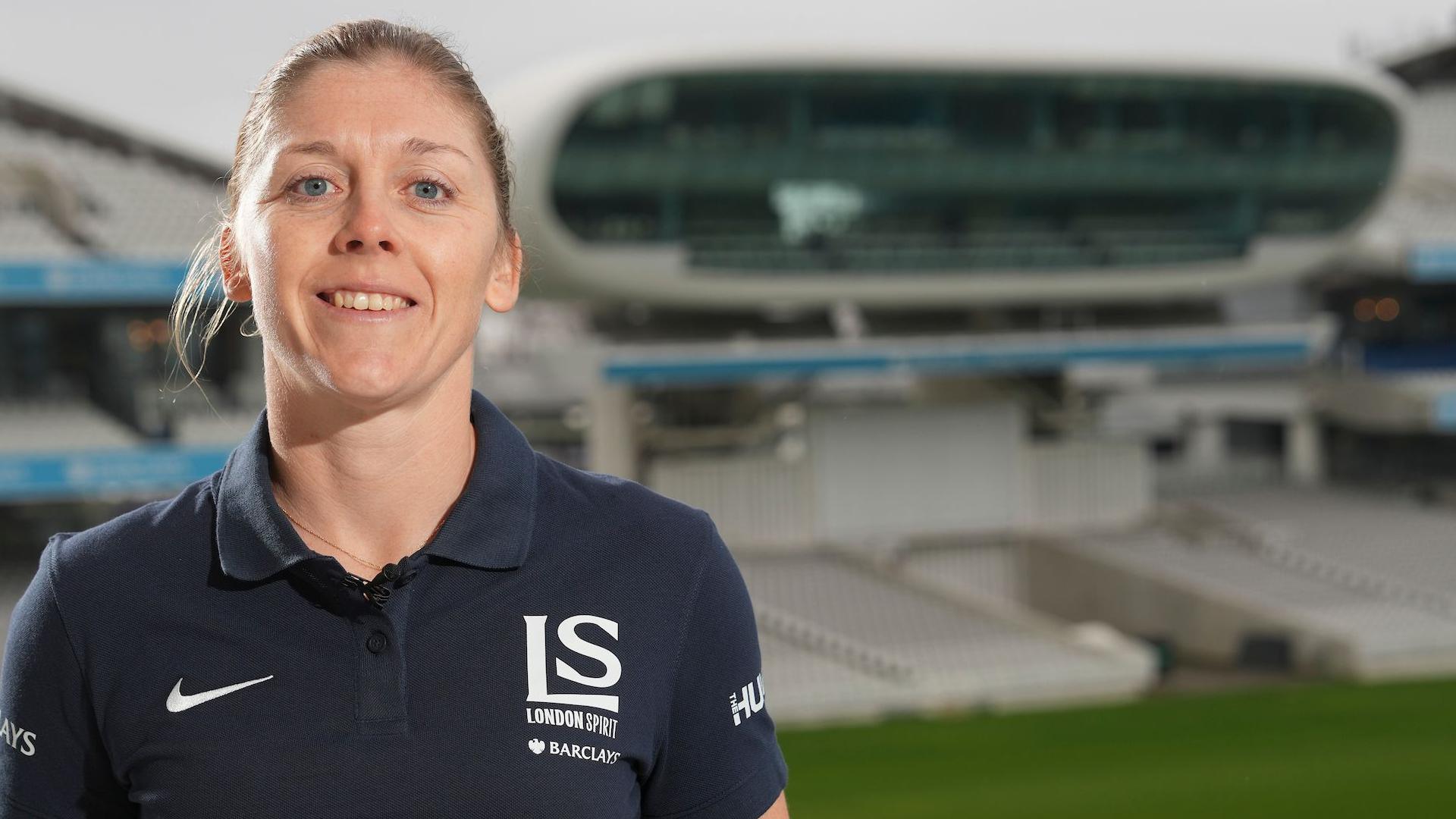 Heather Knight is pictured with the Lord's media centre in the background