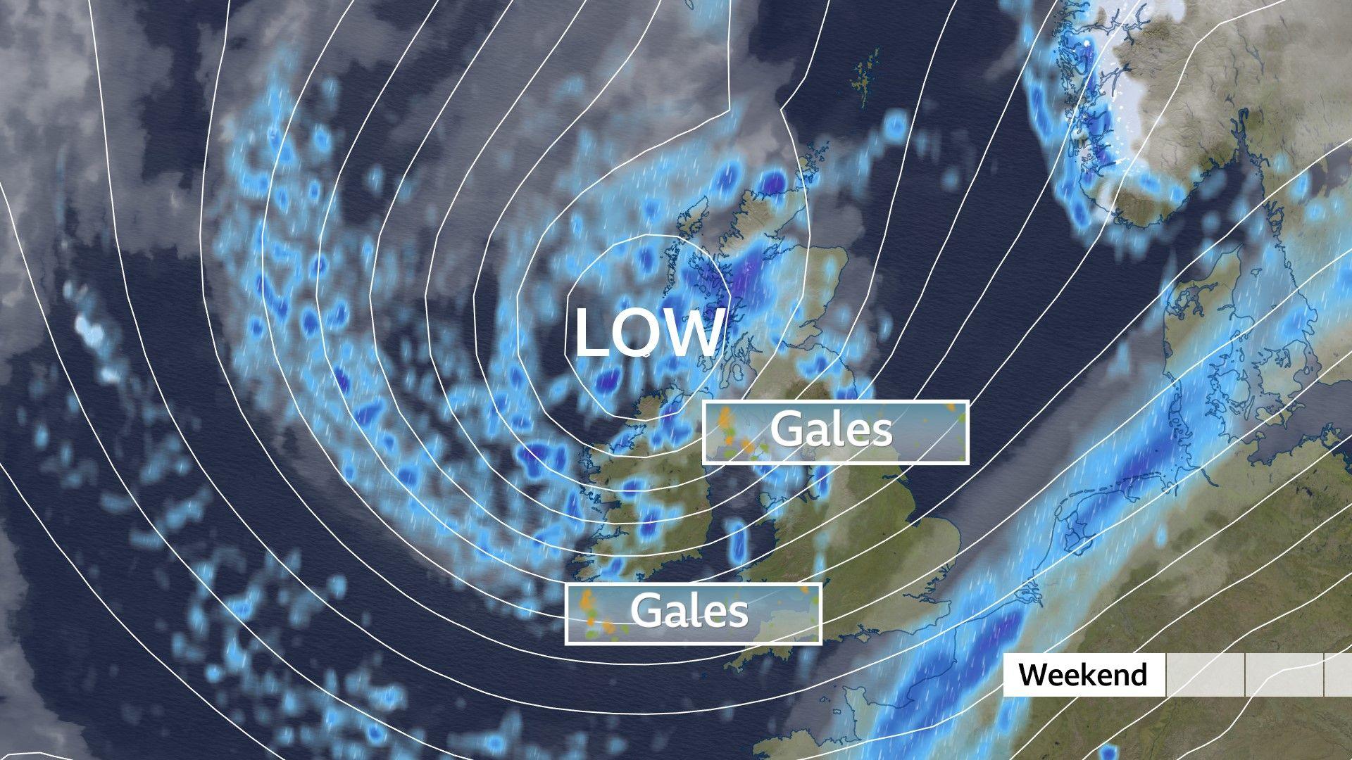 A low pressure system approaches from the west brings gales and heavy rain