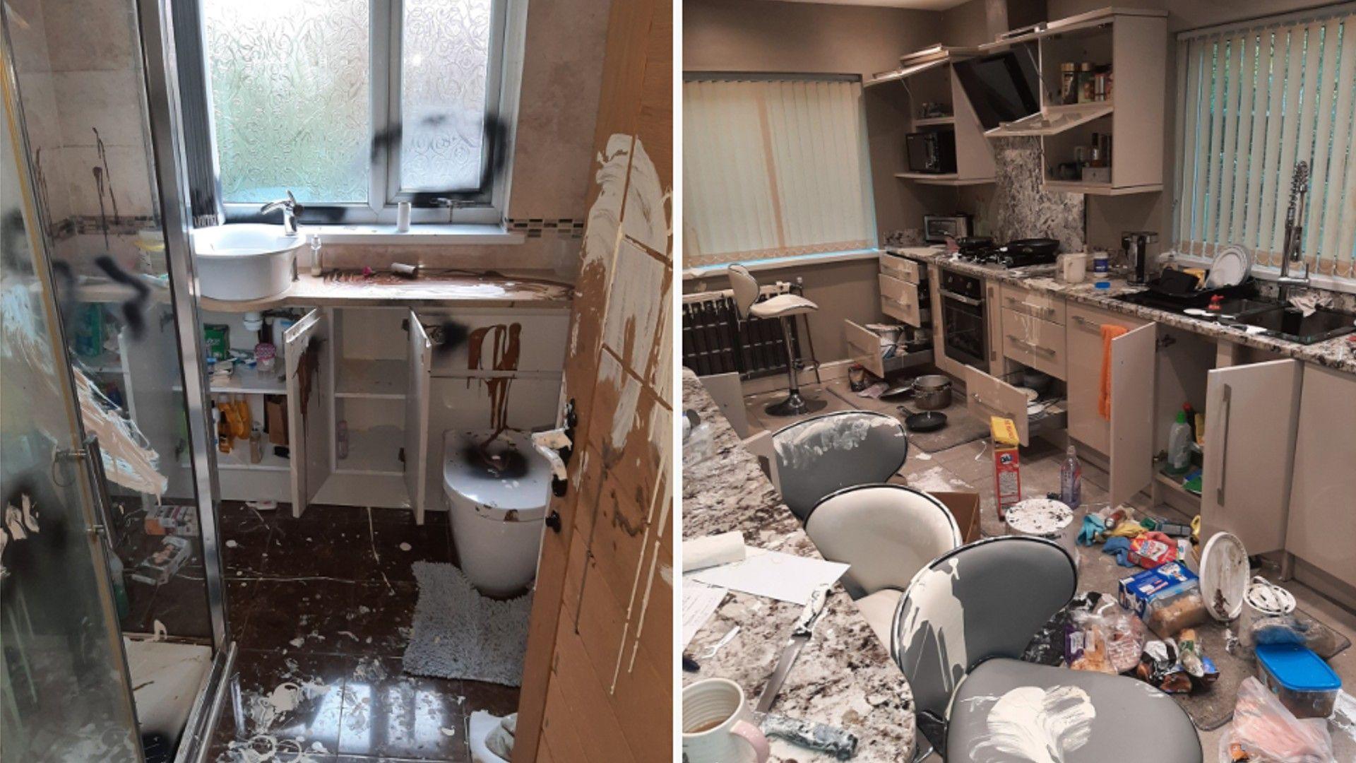 Images of the damage caused to the house, including white paint on chairs, doors and the floors, as well as cupboards being ransacked and items being on the floor 