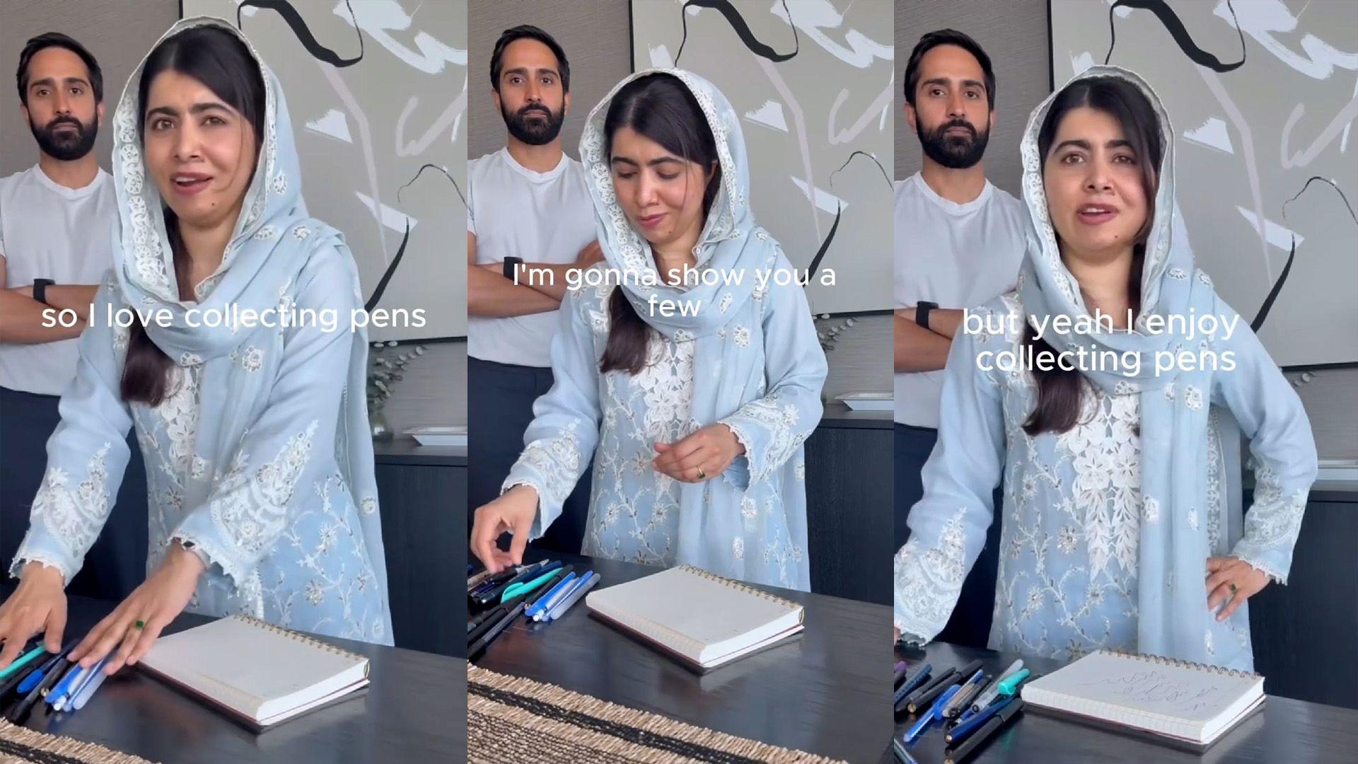 Three screenshots of a video where Malala stands going through her pen collection while her husband stands behind her with his arms crossed.