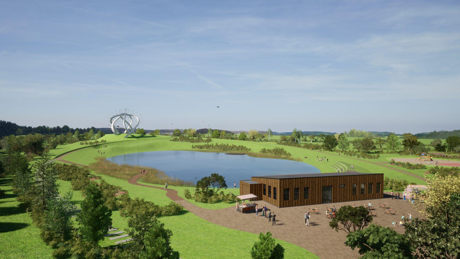 The Star of Caledonia artwork sits in the distance next to a loch and a wooden cabin visitor centre in an artist's impression of how the public artwork could look