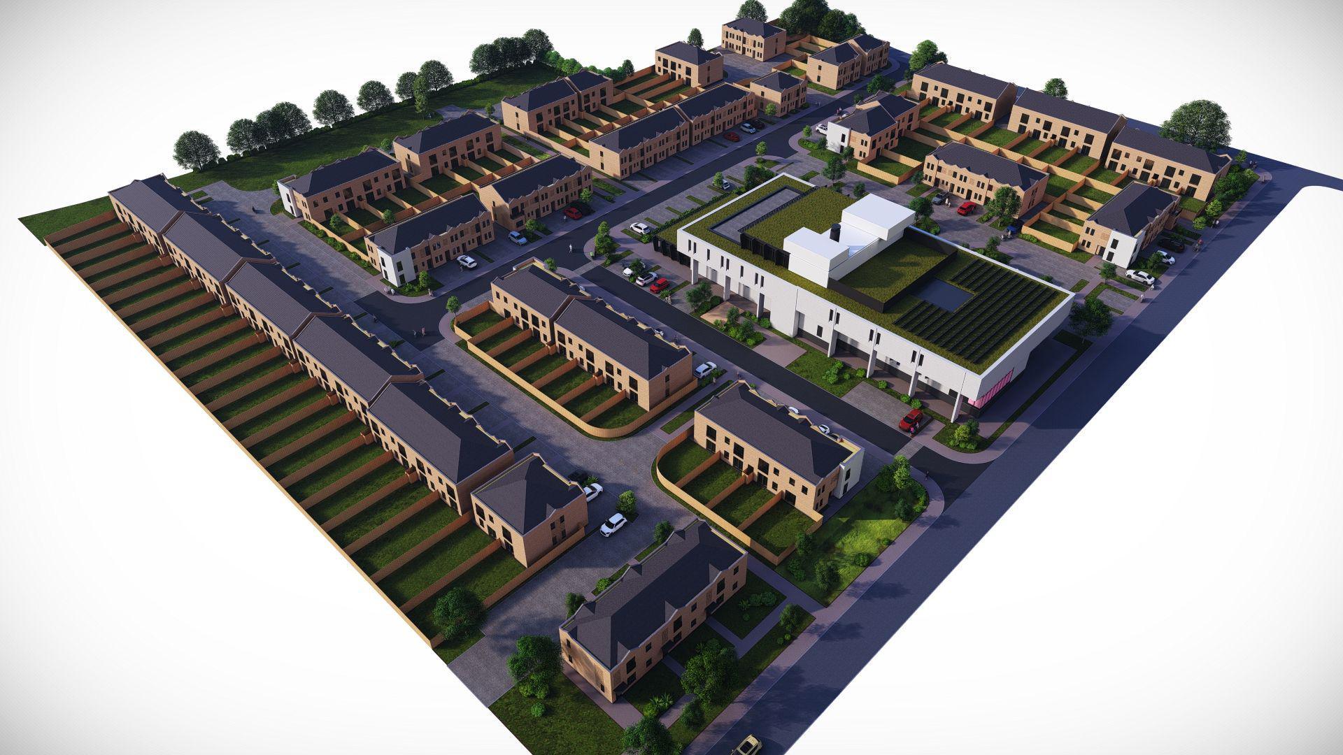 An artists impression of housing and a white development in the middle.