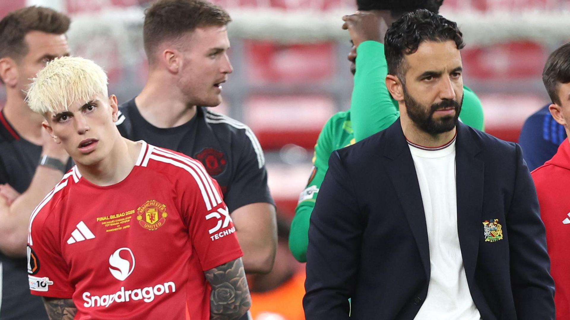 Manchester United winger Alejandro Garnacho and manager Ruben Amorim after Europa League final defeat by Tottenham