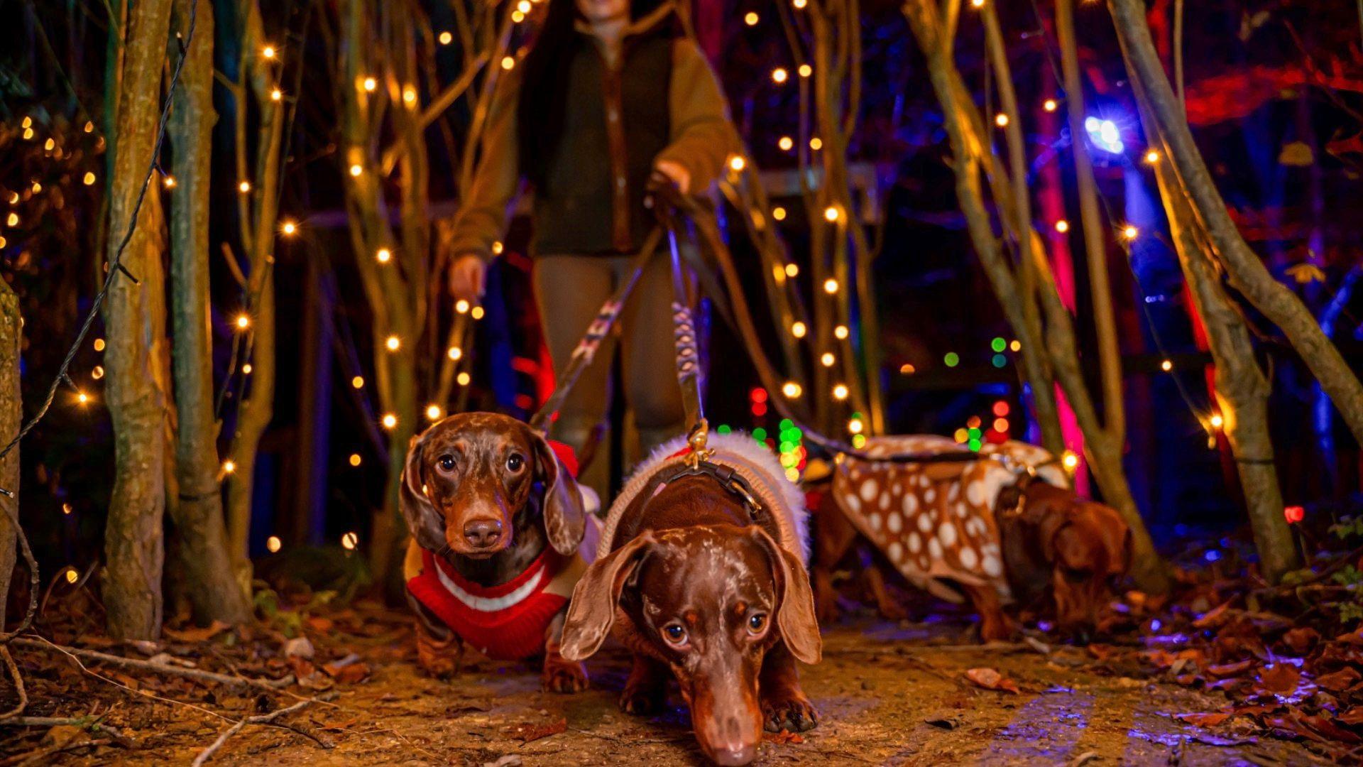 Fairylights on the trees and three dashschunds on leads with a person behind them