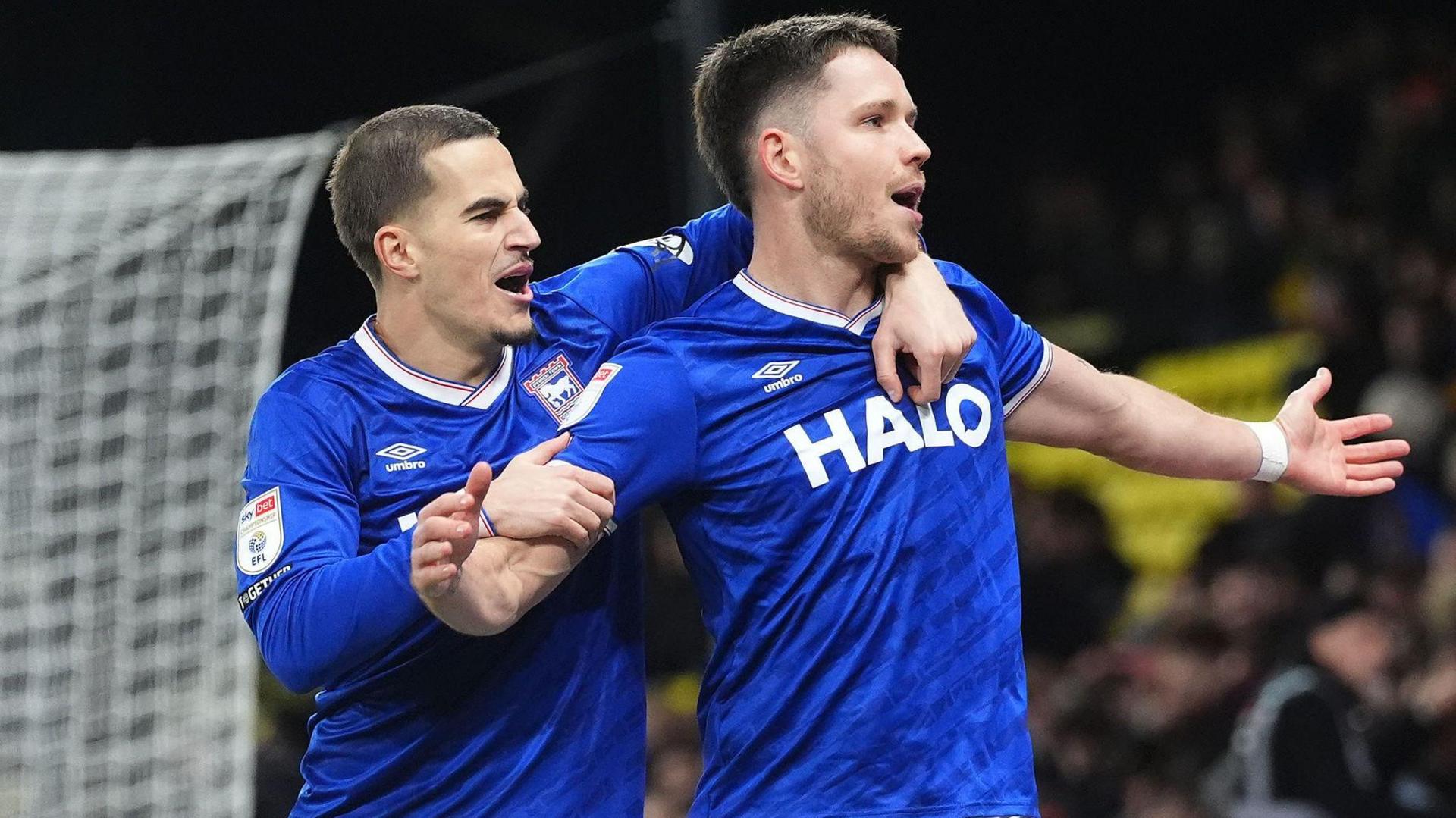 George Hirst celebrates scoring for Ipswich