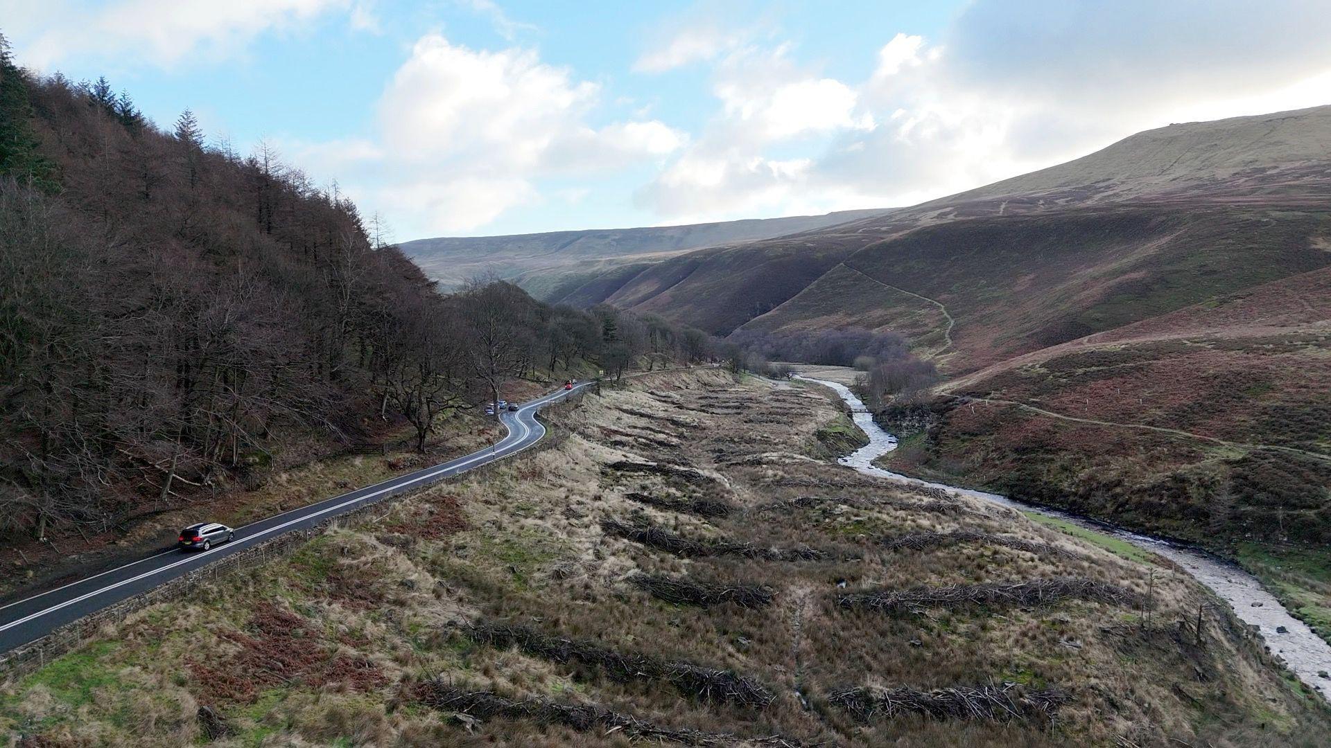 Aerial view of Snake Pass with the River Ashop on the right side of the image