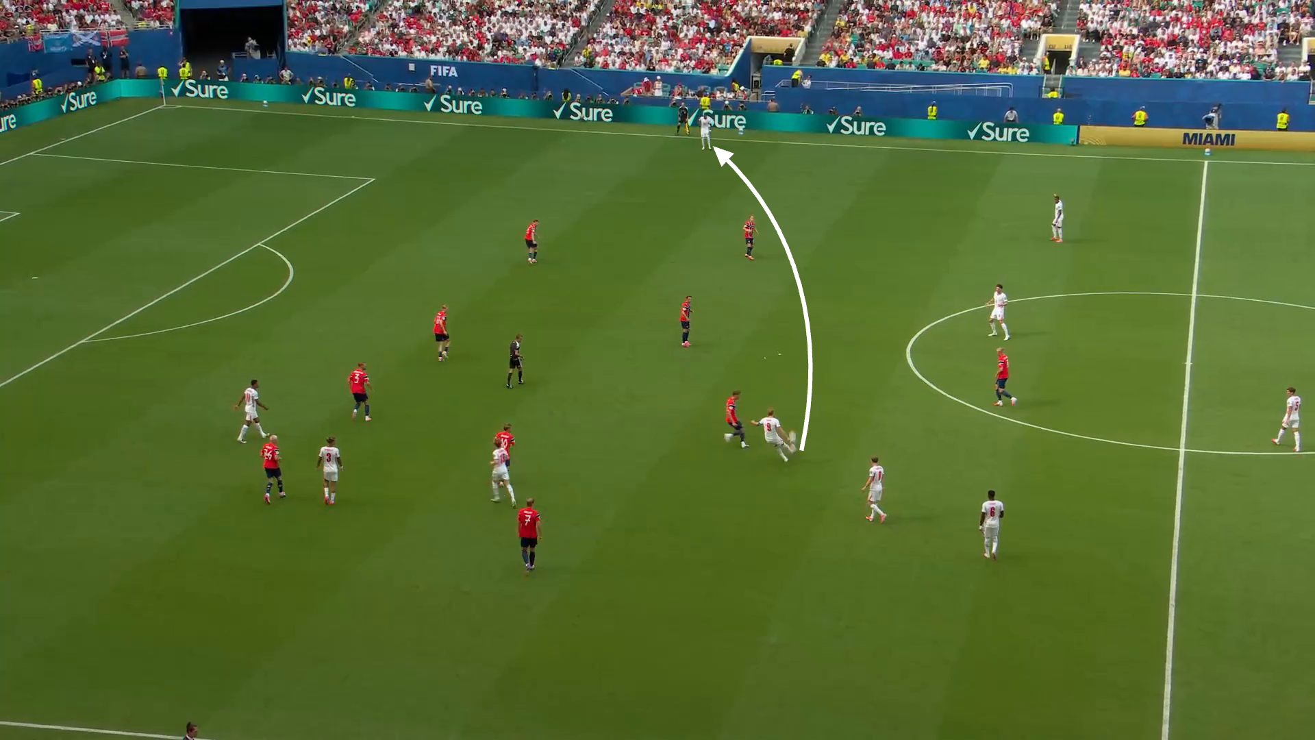Screen grab from England vs Norway showing England building up play down the left before switching play to the right.