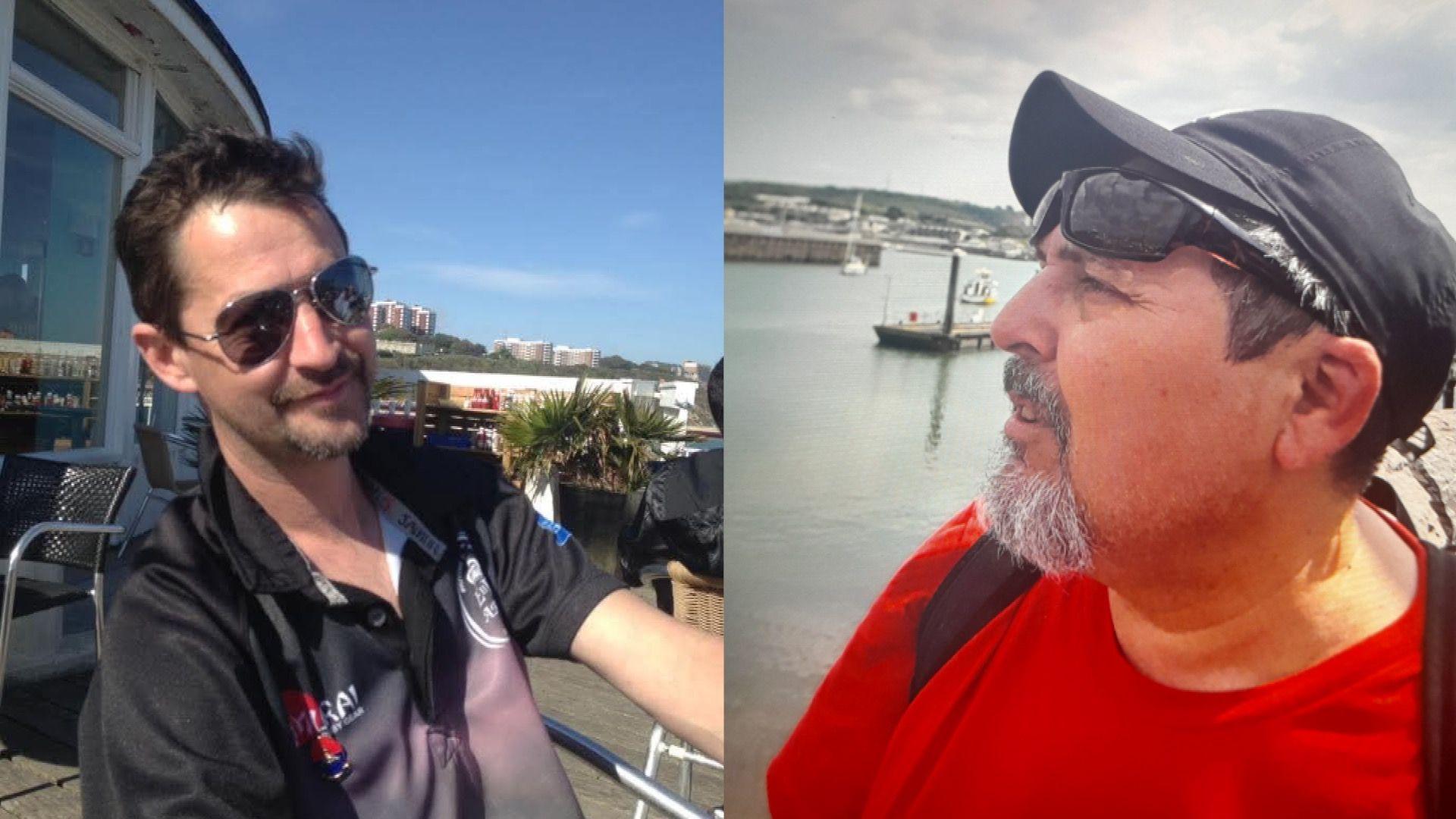 Composite of separate photos of the two men. Daniel Coleman is in what appears to be a sunny beer garden. he is wearing silver framed sunglasses, has dark brown hair and is cocking his head to the left, he is smiling and the sun is reflecting off his face. Claudio Aquilino is wearing a black cap sunglasses on his head and a red T-shirt, looking to the side, in front of a harbour of some kind.