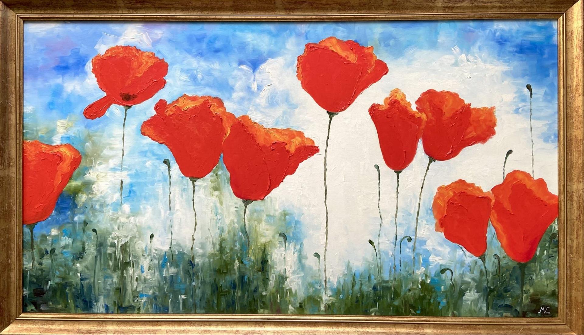 A painting of poppies in a field. The poppies are bright red against a blue and white sky.