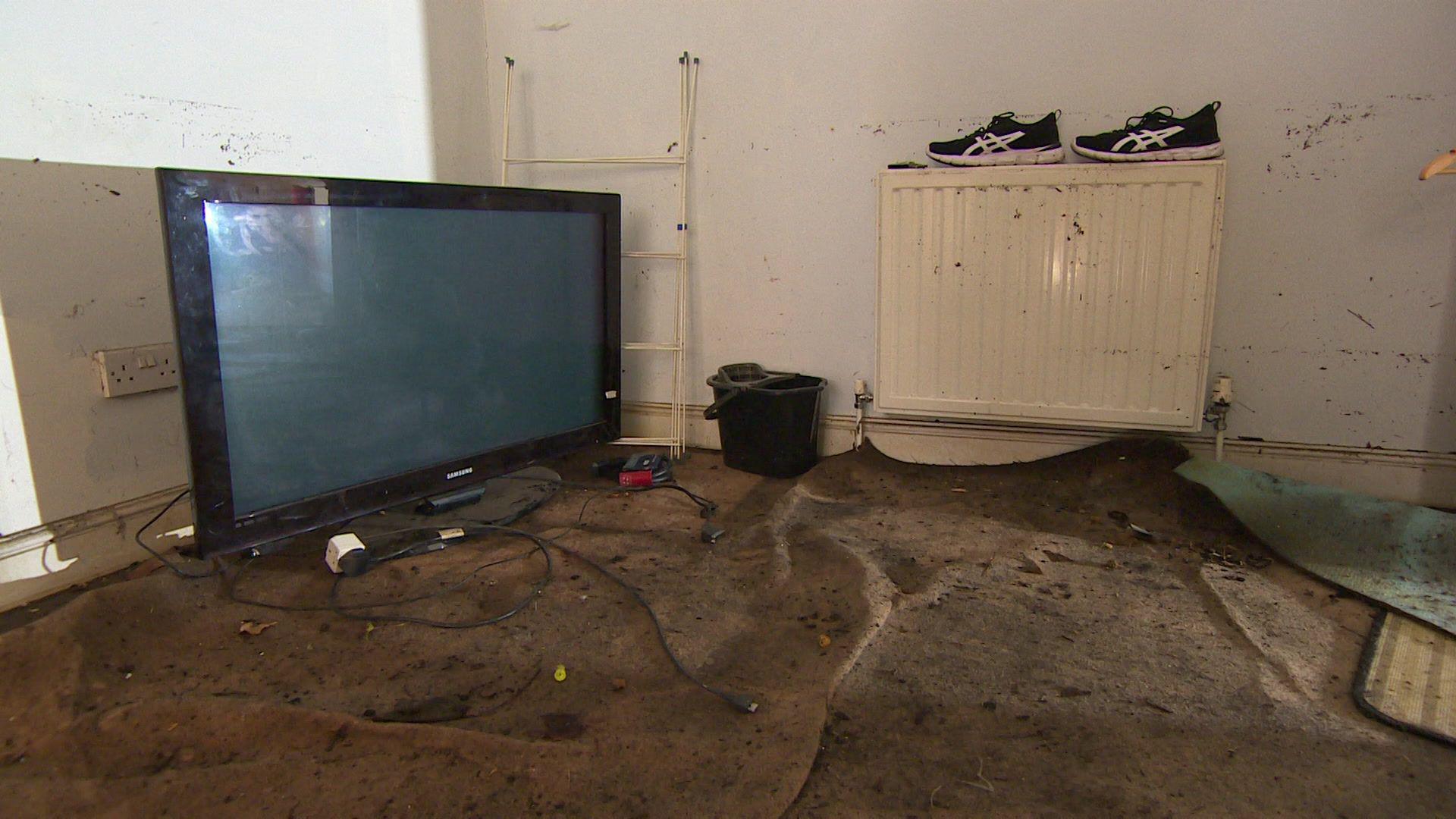 A flat screen TV on the floor on the left. The carpets are wet and are being stripped. There is a mop bucket at the back of the room next to a white radiator.