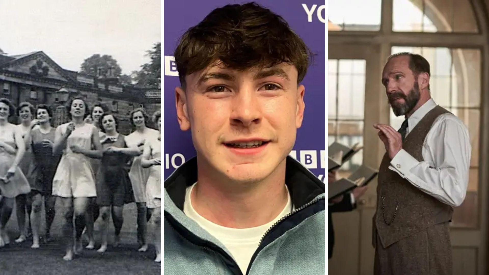 A three-panel collage. The left panel shows a black-and-white photograph of a group of women in 1950s athletic attire standing outdoors in front of a large building with classical architecture. The centre panel displays a person wearing a casual zip-up jacket against a backdrop with the BBC logo. The right panel depicts a person dressed in a vintage-style suit and vest, holding papers and appearing to speak or present in an elegant room with tall windows and wooden frames.