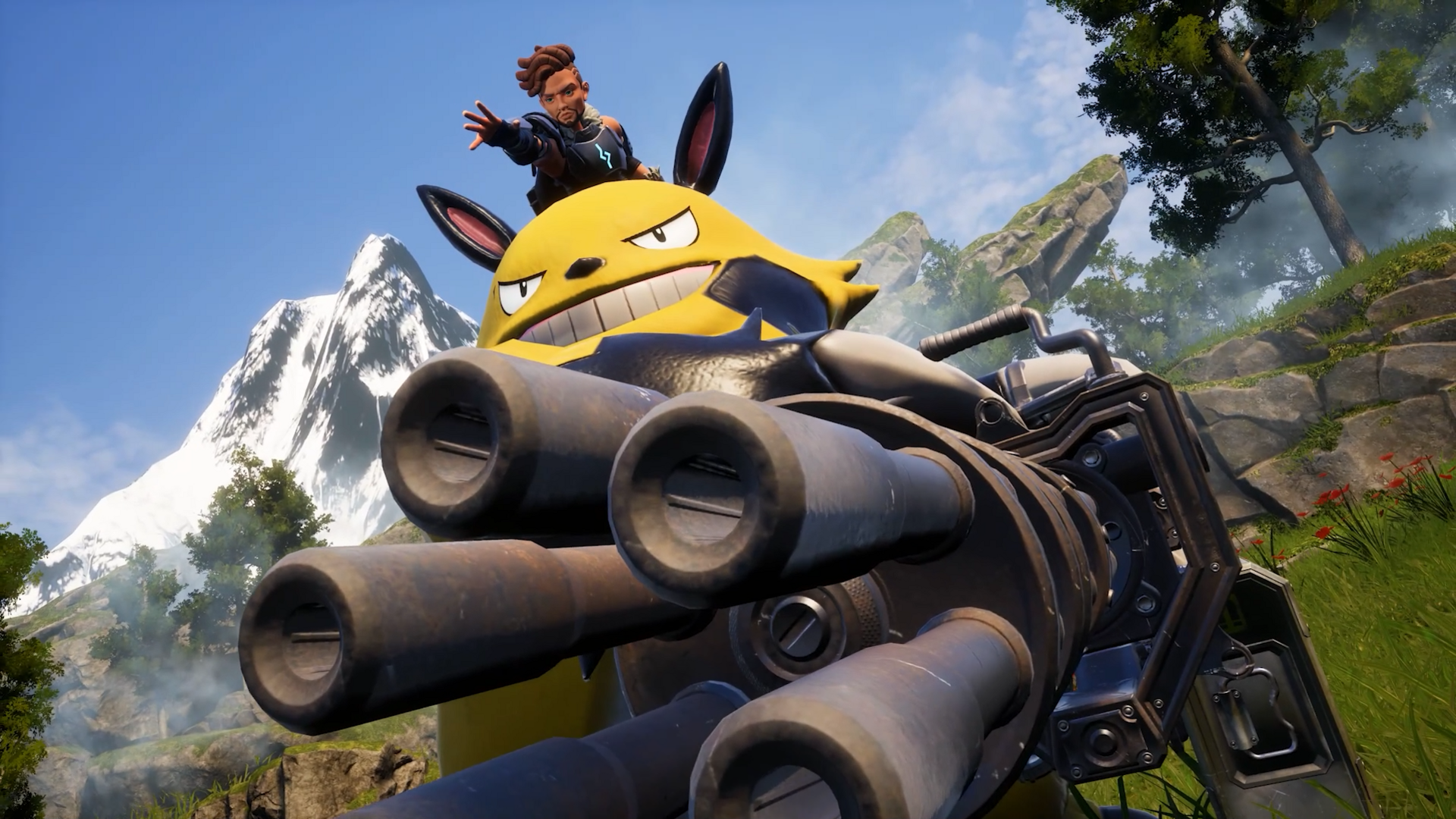 Screenshot shows a human character sitting on top of a large, yellow creature, riding in a large tank with five comedically large cannon emerging from the front of it. 