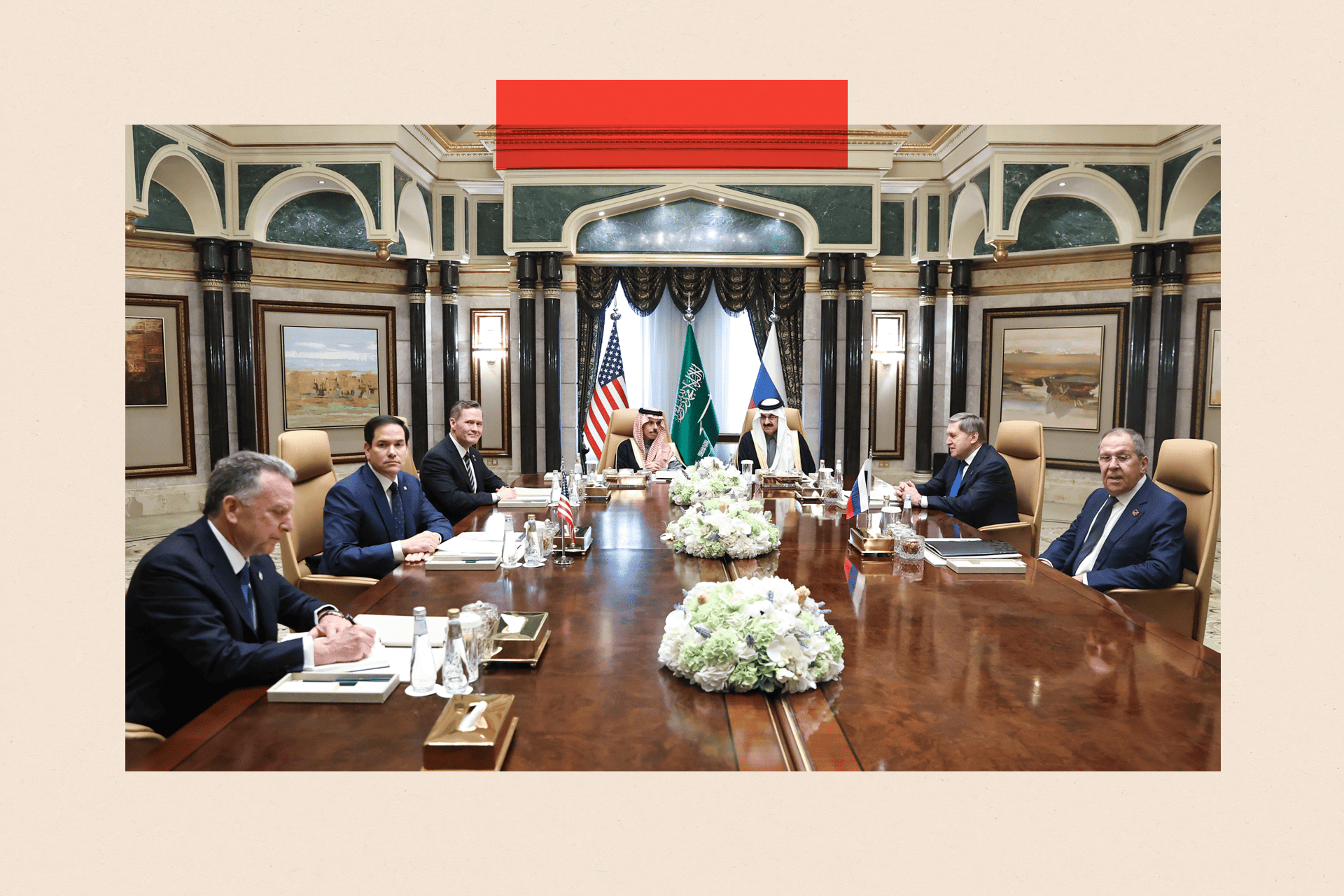 Russian Foreign Minister Sergey Lavrov and Foreign Policy Advisor Yuri Ushakov attending a meeting between Russia and the United States, in Riyadh, Saudi Arabia
