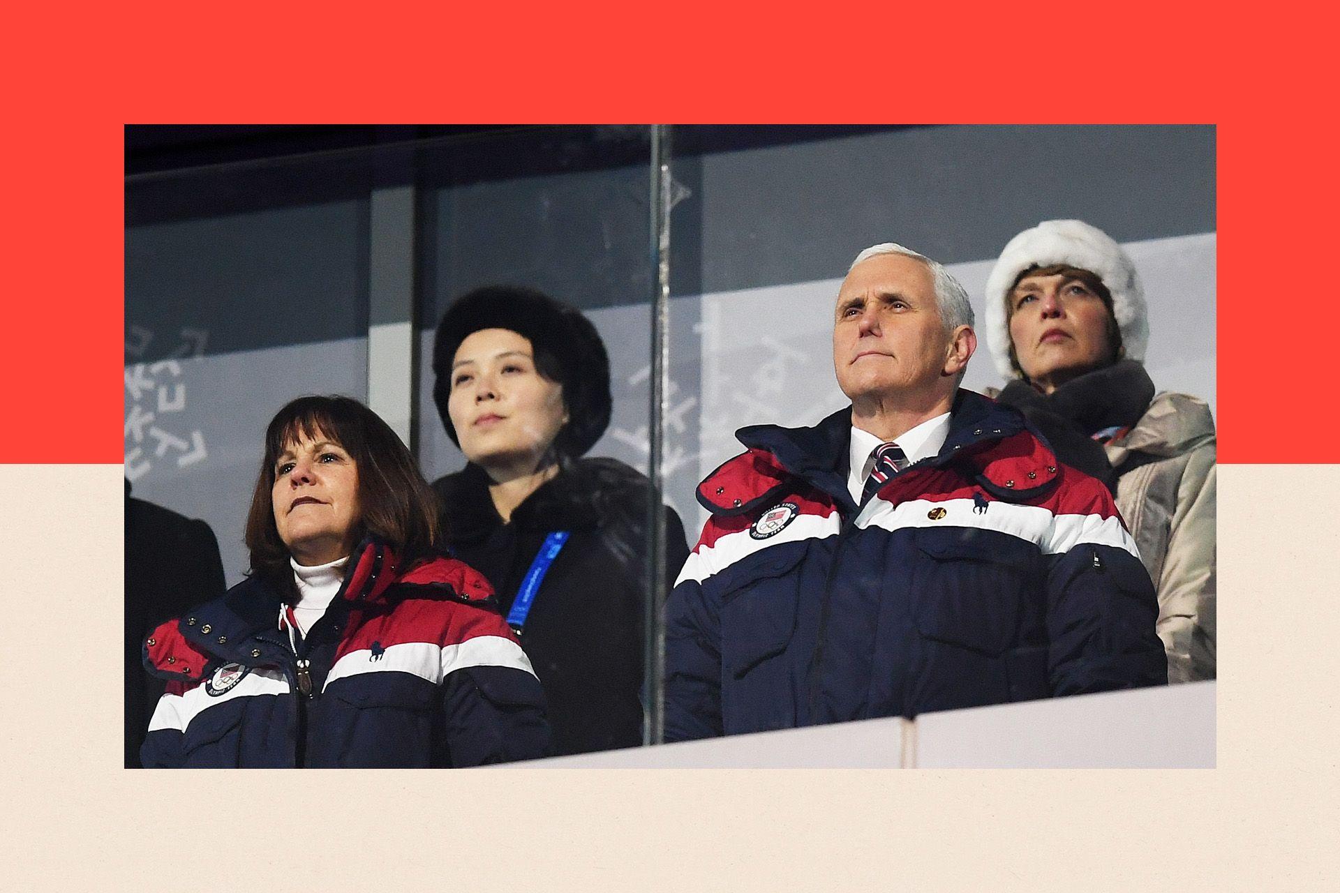 Mike Pence and Kim Jong Un's sister Kim Yo-Jong (back left) watch on during the Opening Ceremony of the PyeongChang 2018 Winter Olympic Games
