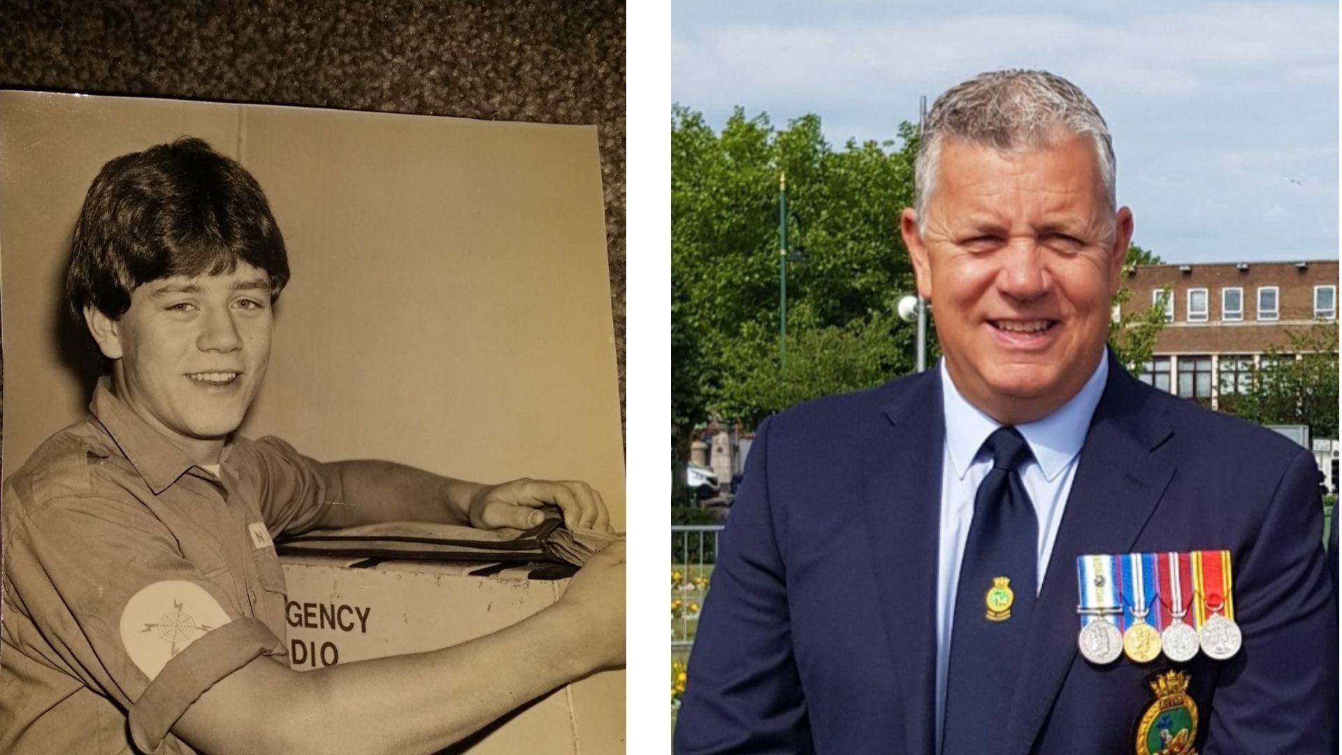 A side-by-side image of a young Navy cadet, in sepia tones, alongside a photo of a veteran, wearing a navy blue suit, shirt, tie and row of medals.