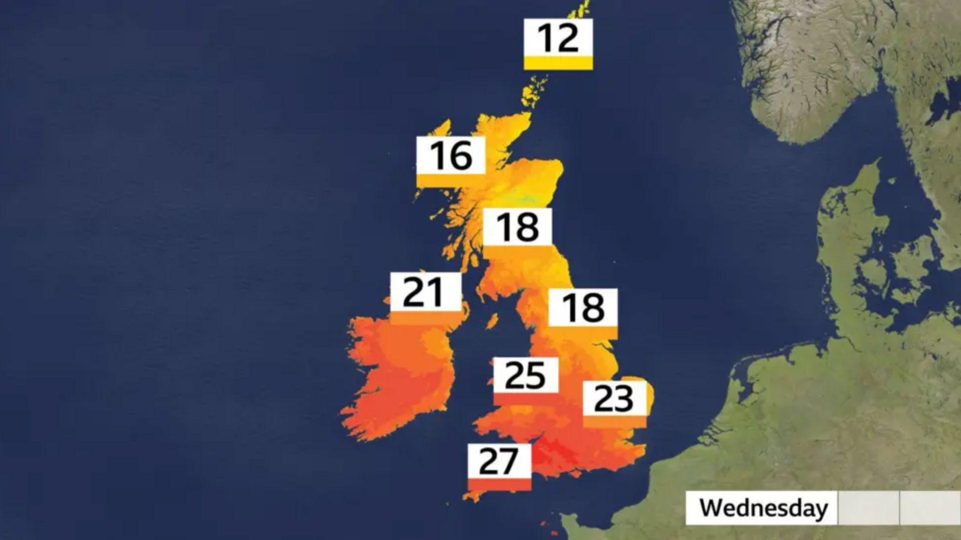 A map showing temperatures across the British Aisles. 