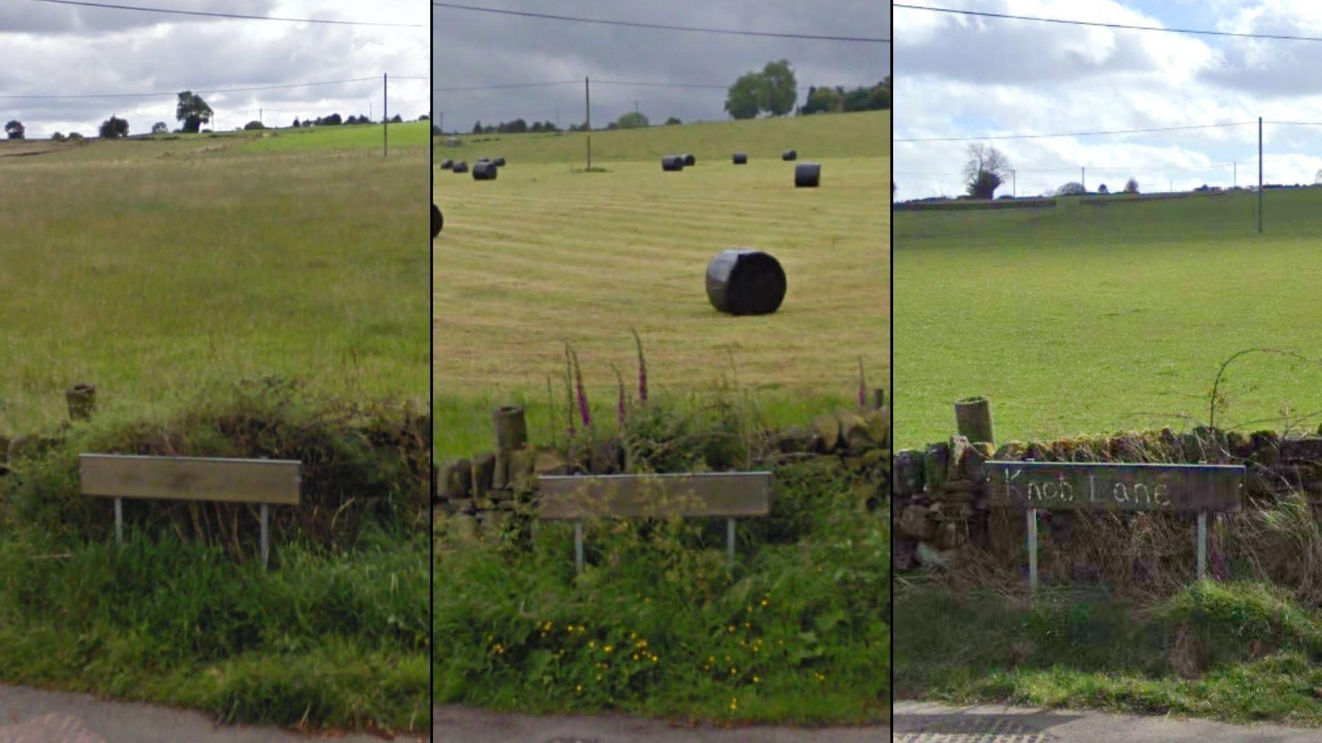 A collage of images showing a road sign in Belper called Knob Lane.