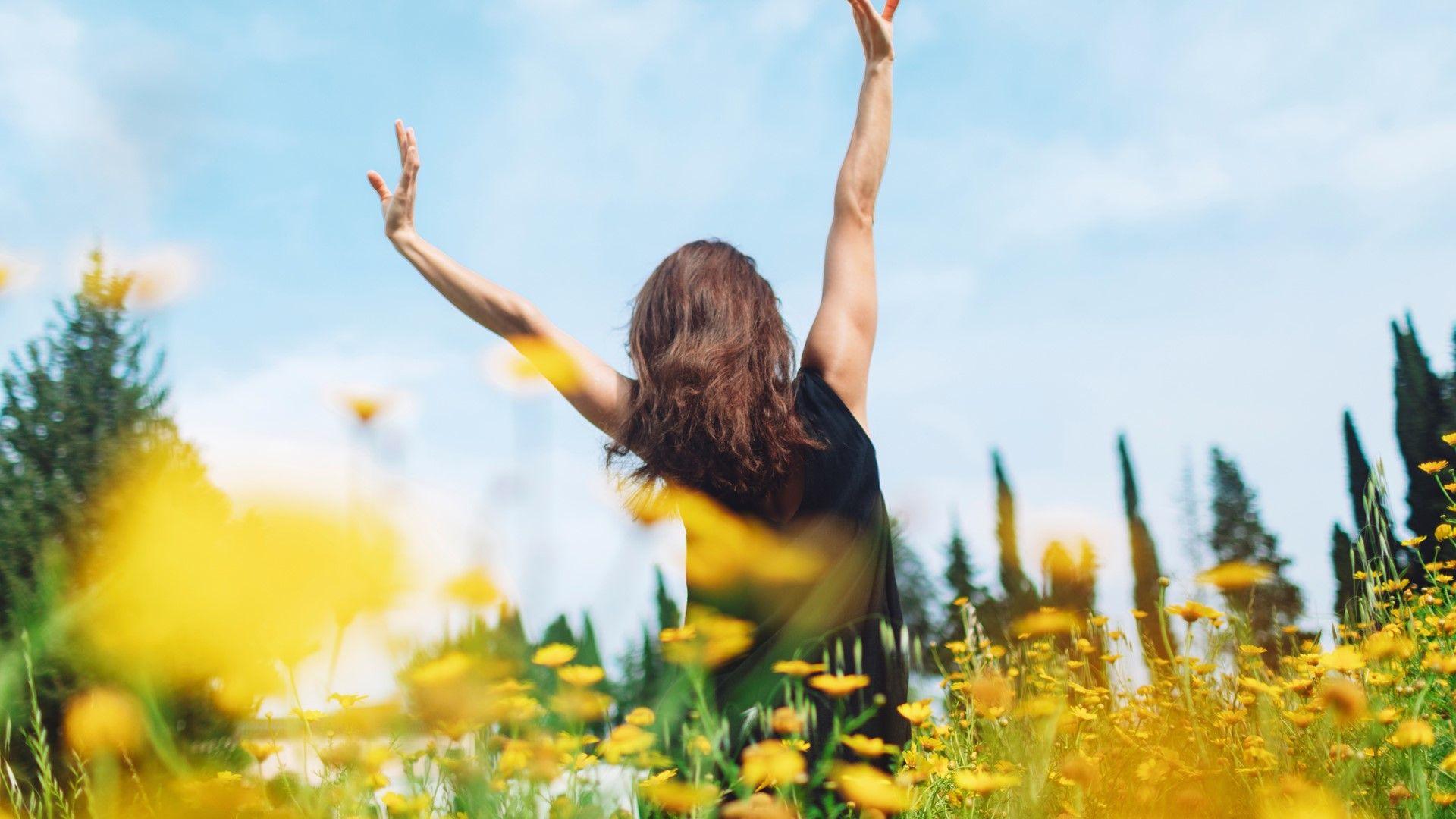 Back of young woman with shoulder length brown hair with arms outstretched in air enjoying the sun in a flower field