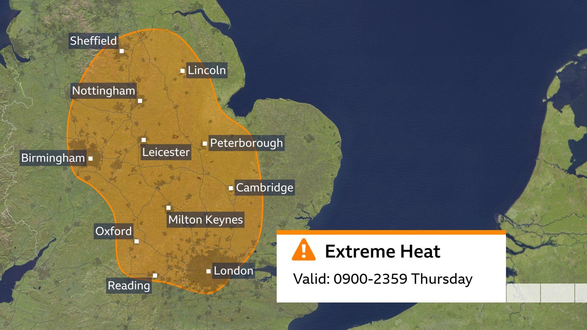 Map of the UK with amber shading over the areas of England that are under an amber warning for extreme heat. They include Birmingham, Oxford and London. A white text box shows the timing of the warning to be from 0900 to 2359 on Thursday.