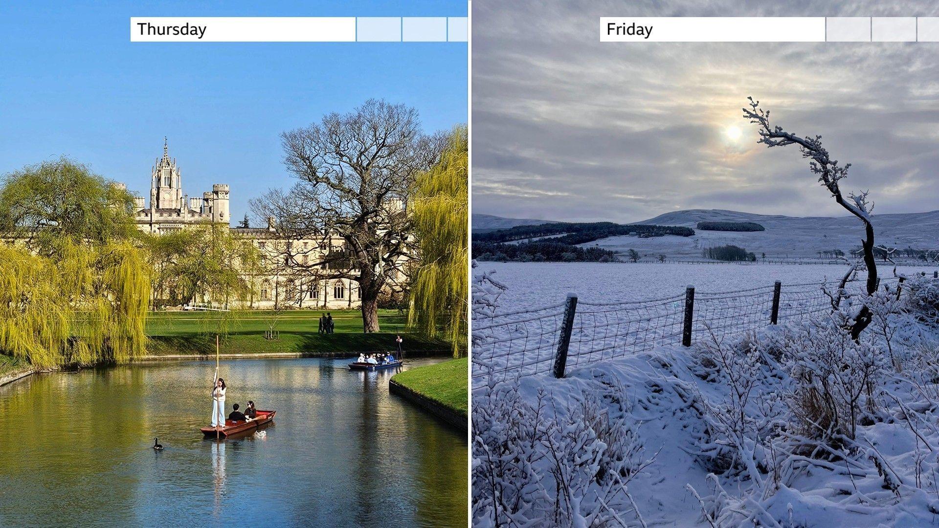 A photo showing Thursday's warm sunshine and Friday's hill snow