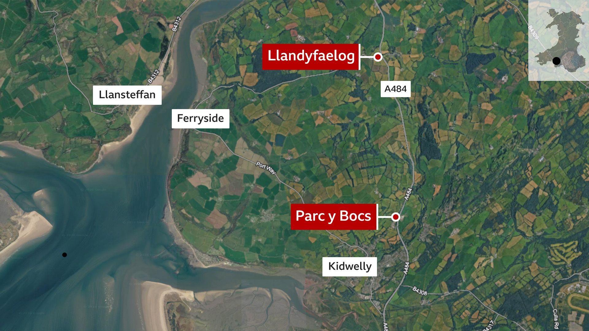  The A484, Llanyfaelog, Llansteffan, Ferryside, Parc y Bocs roundabout and Kidwelly.