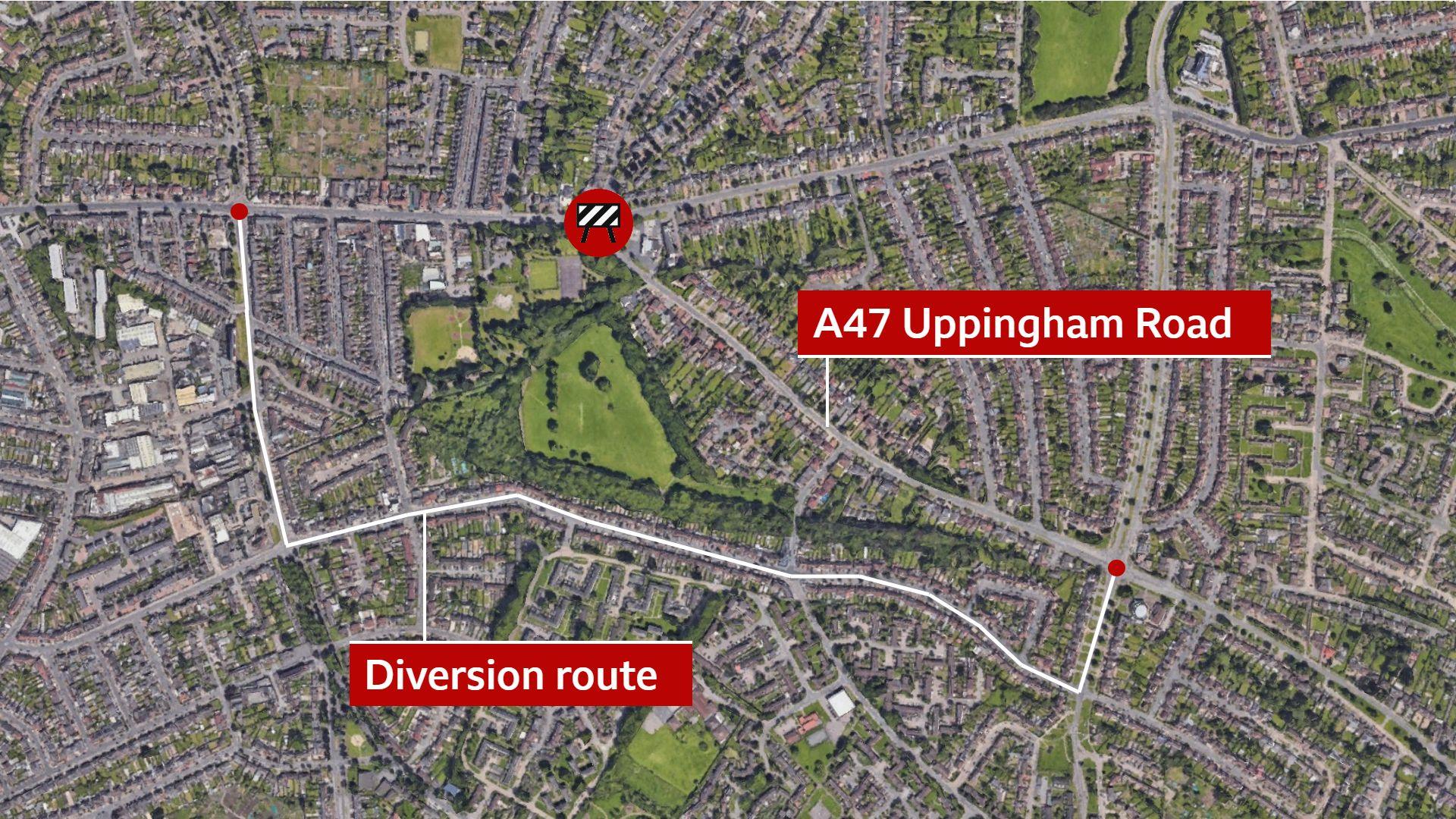 A satellite map showing the diversion route during the first of two closures