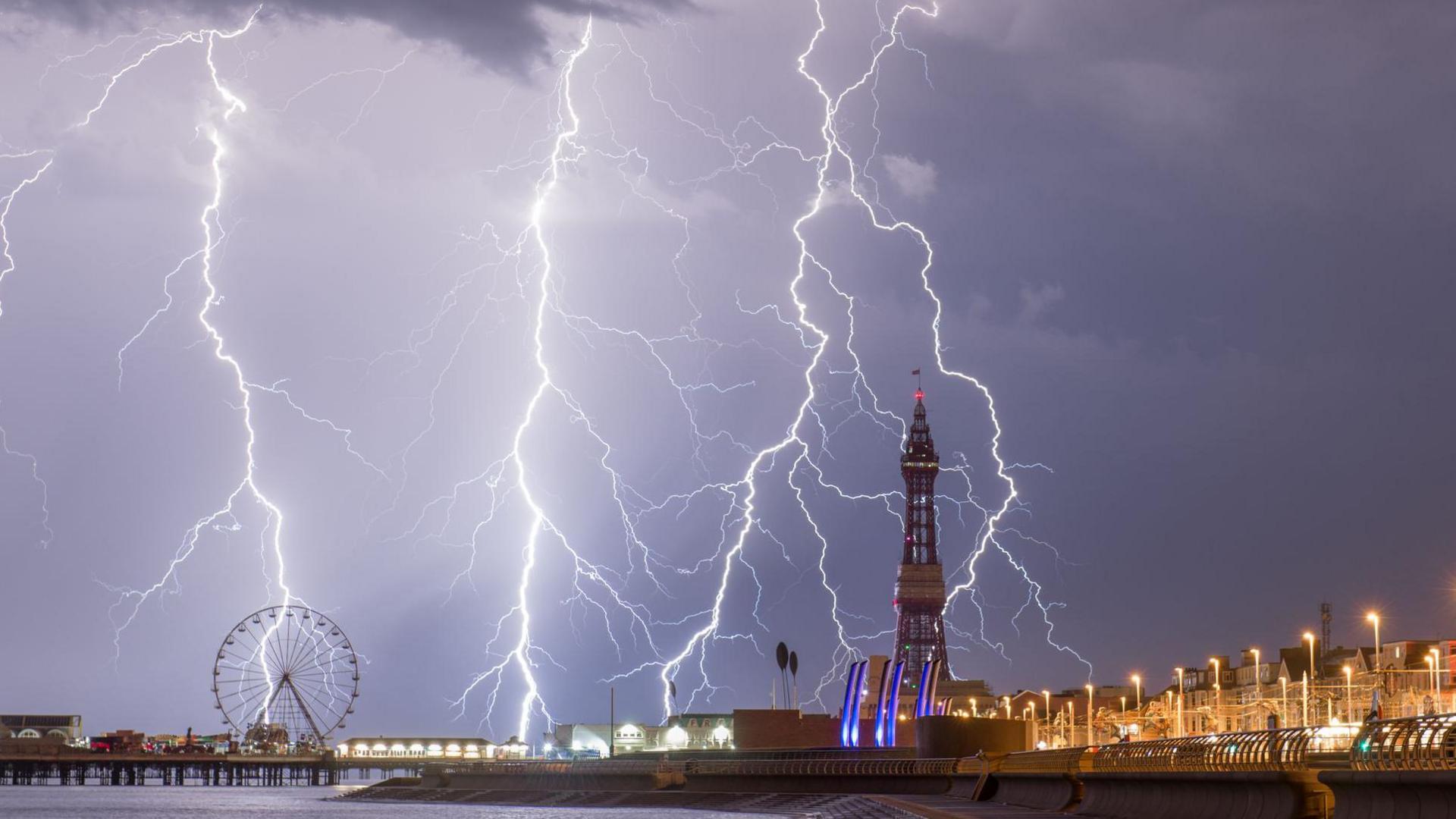 Lightning strikes hit the ground in Blackpool