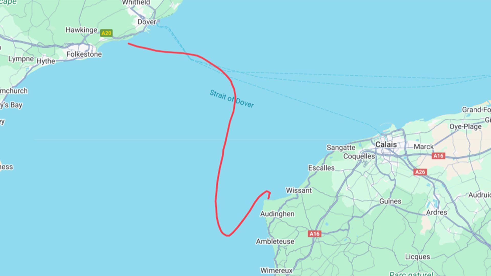 Map o'r Sianel a'r llwybr wnaeth Tomos Bedwyr ei ddilyn