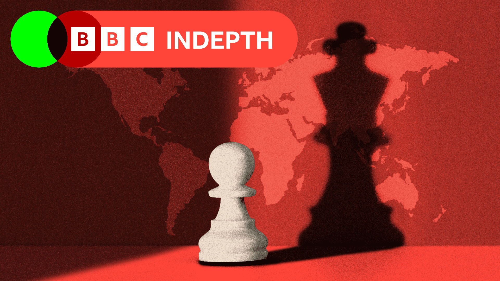 A treated image of a white pawn chess piece with the shadow of a king piece against the backdrop of a world map.