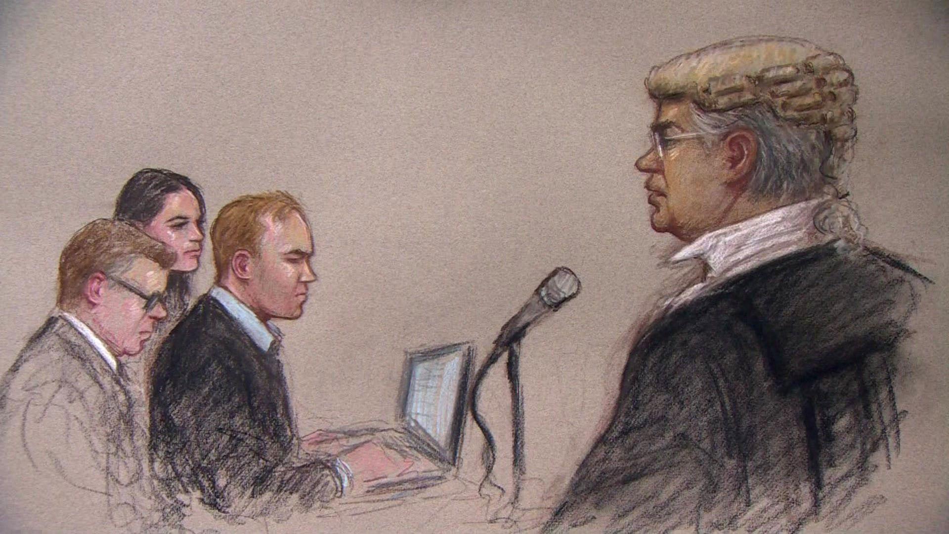 A court drawing - on the left are a woman and two man in formal attire, with a laptop, while on the right a judge stands behind a microphone