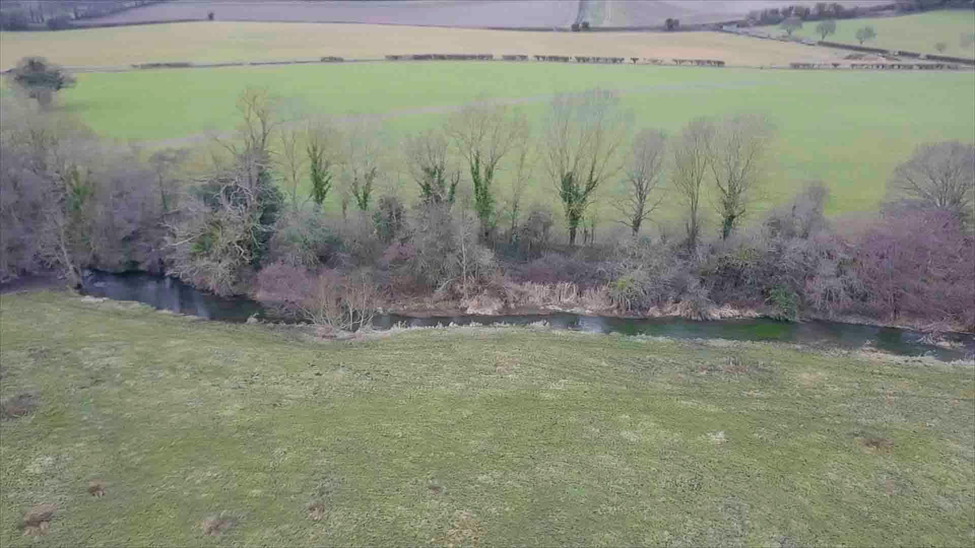 Part of the River Darent flowing through fields, with trees along the banks