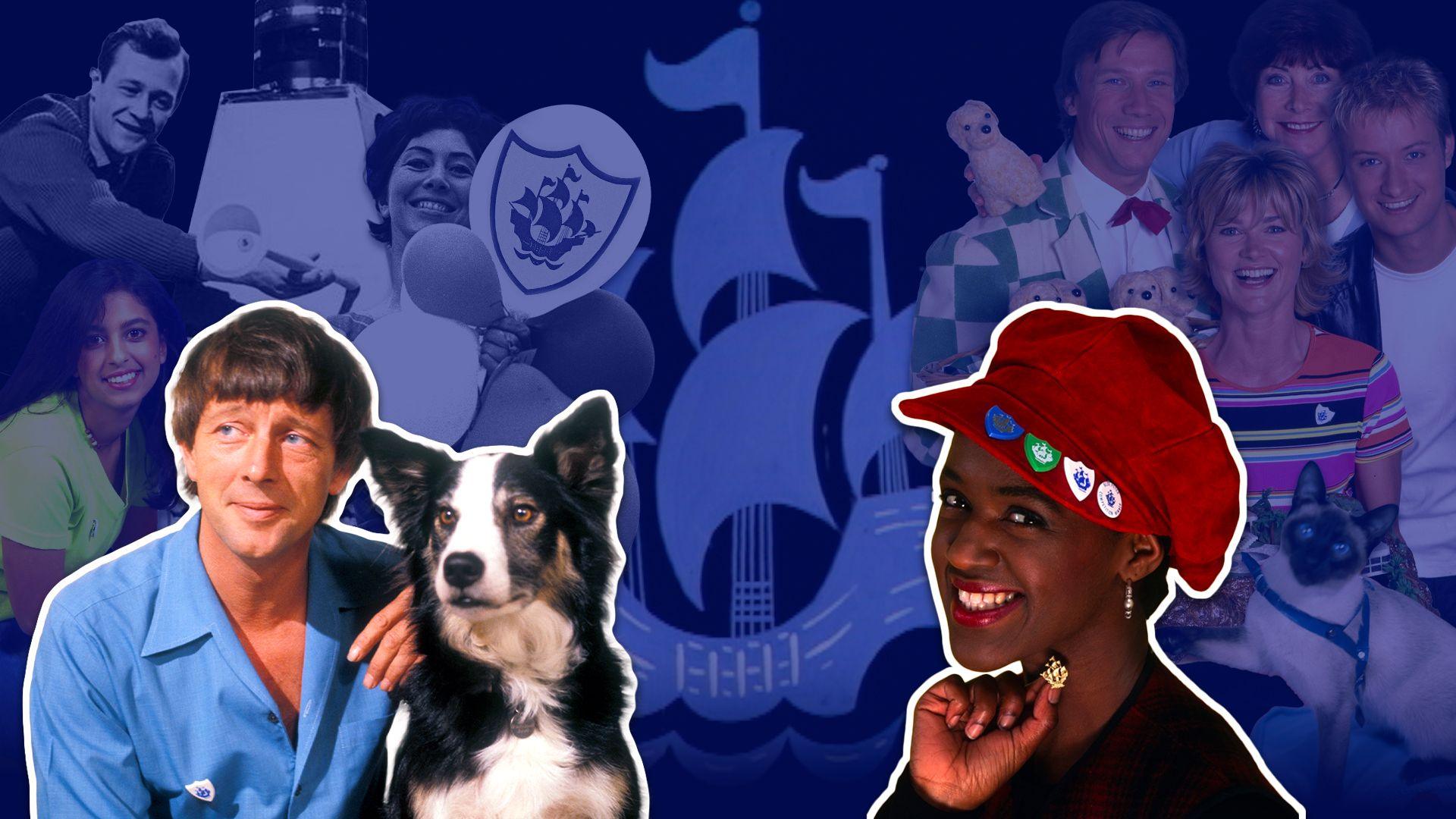 A collage of Blue Peter presenters around the ship logo in the centre of the image. In full colour and at the front are images of John Noakes with Shep the dog, and Diane-Louise Jordan.