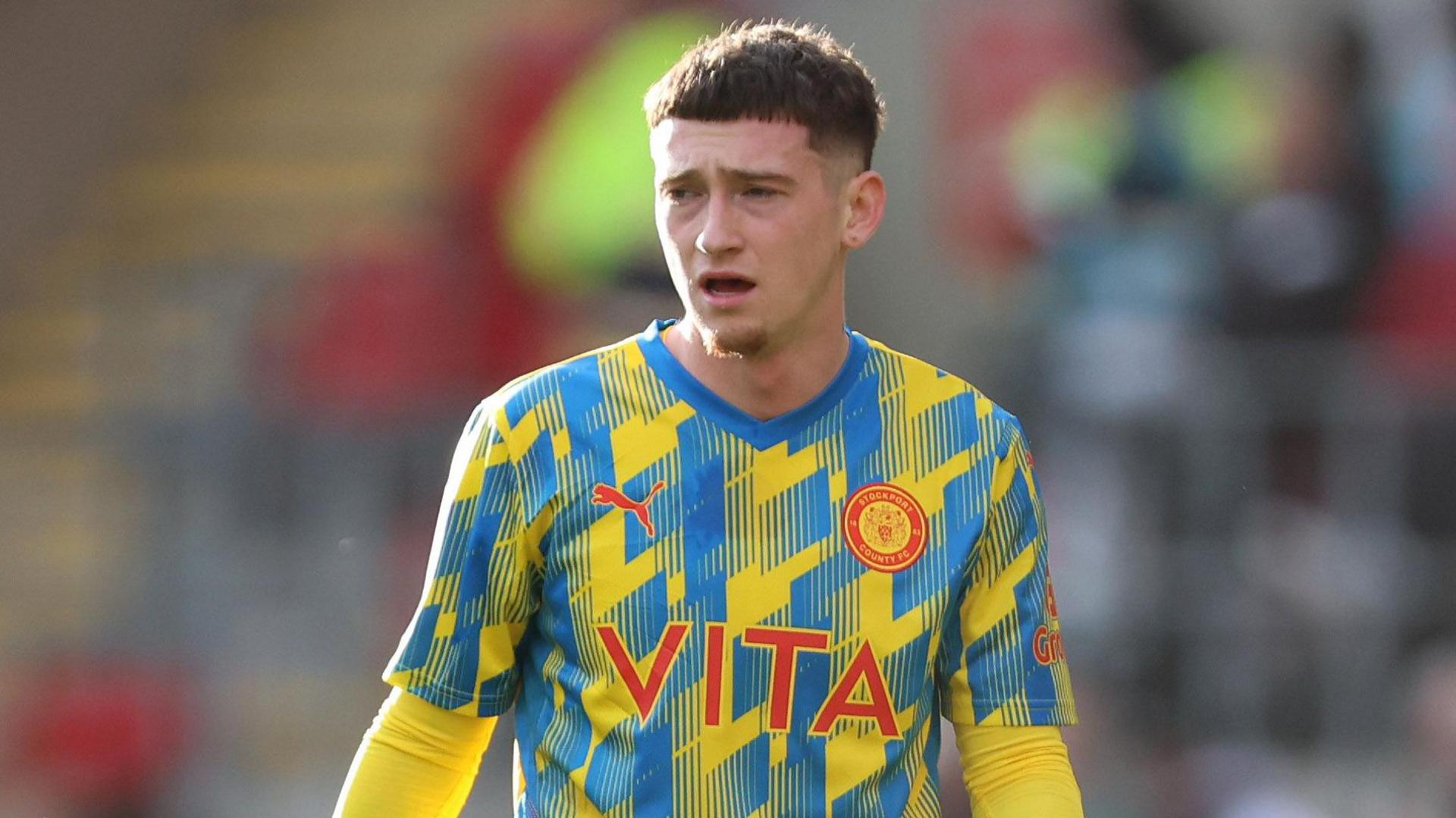 Louie Barry during his penultimate match for Stockport County against Rotherham