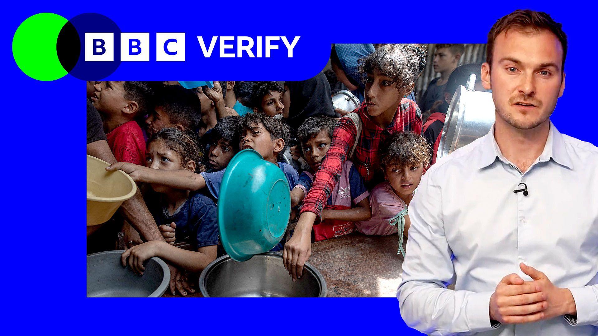 An images of children waiting for food in Gaza, with a blue border, a BBC Verify lorzenge in the top left corner and the reporter, Jake Horton on the left hand side 