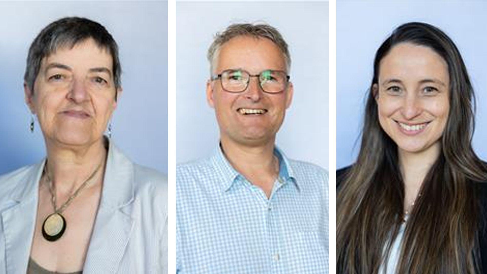 Composite image of three people, a woman with short dark hair, a man with short greying hair and glasses, and a woman with long dark hair. All three are smiling at the camera and standing against a pale blue background.