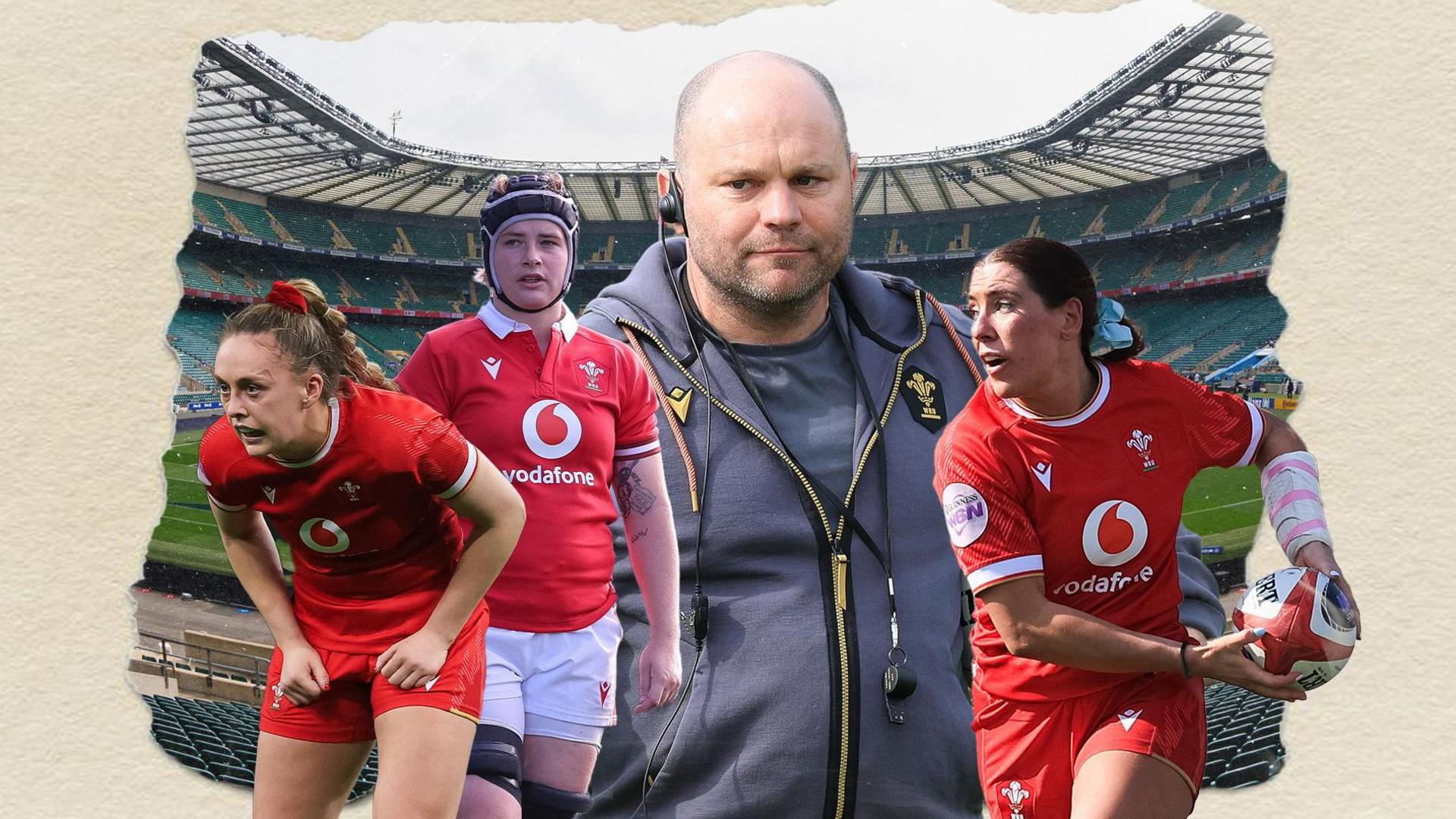 Wales head coach Sean Lynn with Wales players Hannah Jones, Georgia Evans and Bethan Lewis