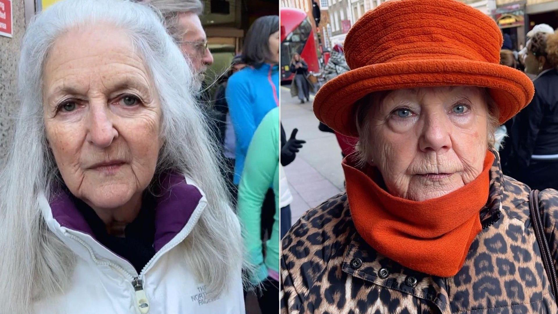 Jenny on the left is looking into the camera, with shoulder length white hair and blue eyes, wearing a white coat with purple lining. Susie, on the right, has blue eyes and is looking into the camera, wearing a leopard print coat with orange scarf and orange hat. 