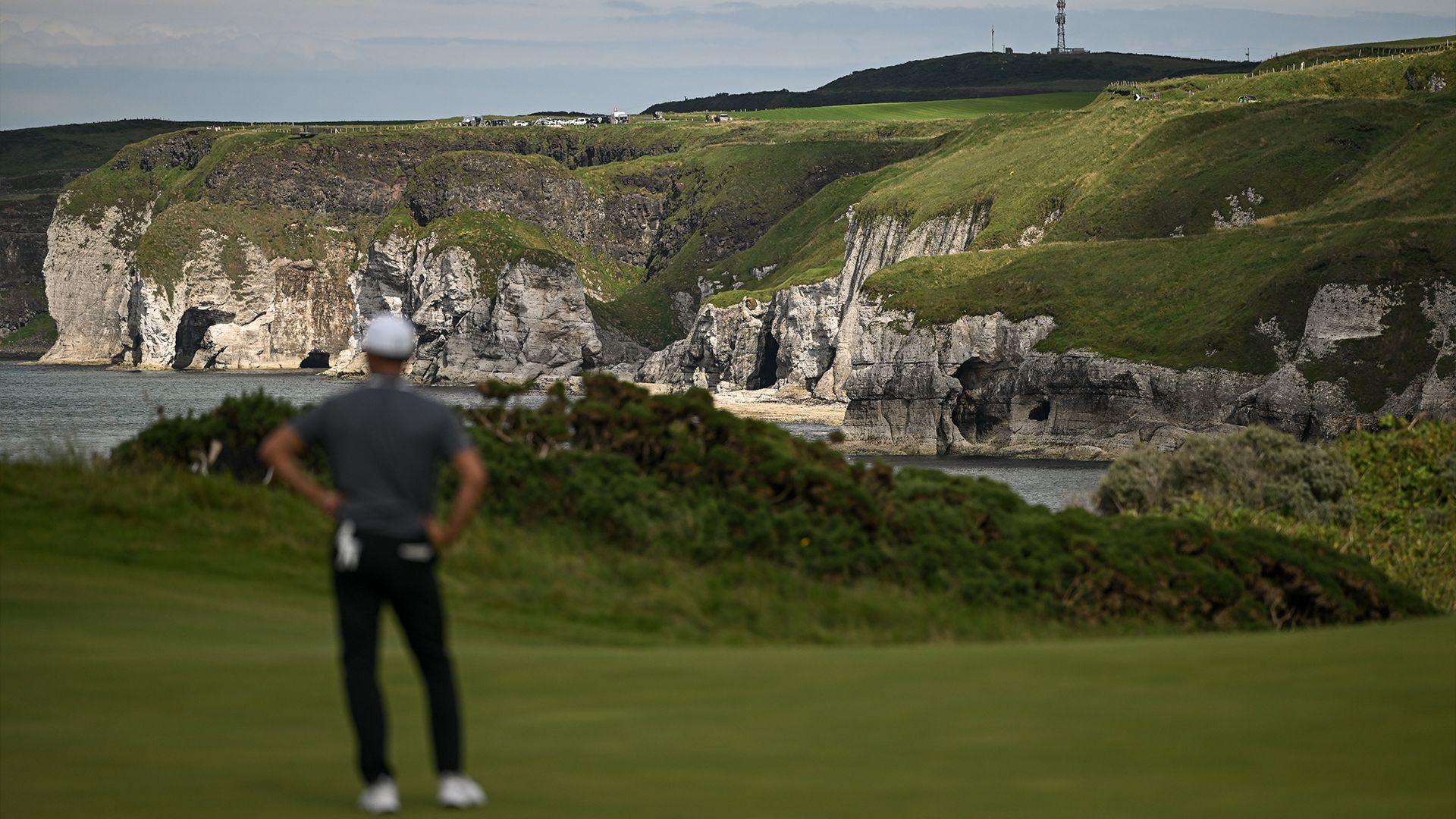 Li Haotong takes in the view at Royal Portrush