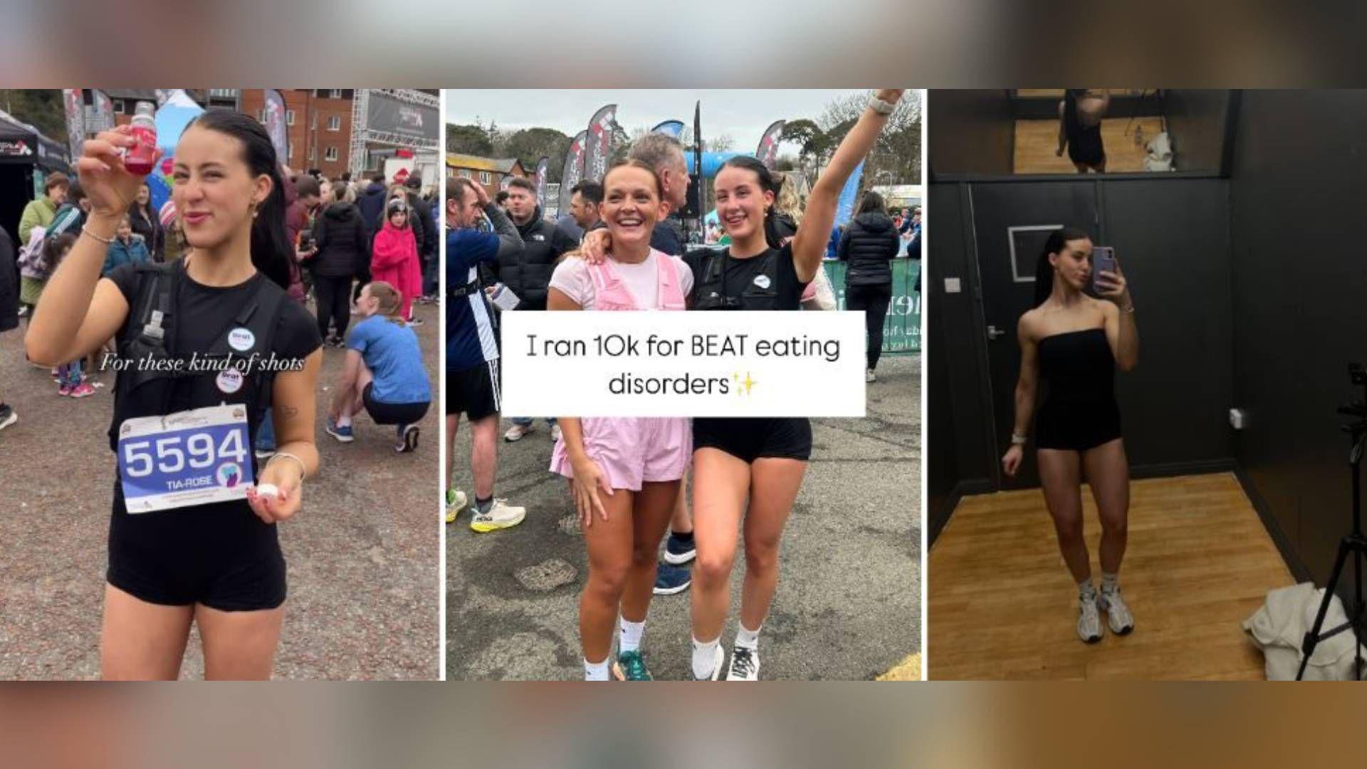 A series of three images. First image (left): Tia Ainsworth pictured holding a juice shot, she wears a running vest on top of black biker shorts and a black short sleeve t-shirt. She has a race number on her vest and smiles towards the camera. Second image (centre): Tia in the same outfit stands arm in arm with a runner in a pink run vest and pink shorts. They both stand among a crowd of runners, there is a white text box in front of the pair, reading "I ran 10k for BEAT eating disorders". Third image: Tia stands in front of a wide mirror in a black small room with wood floors. She wears a black top and black biker shorts while holding her phone towards the mirror smiling.