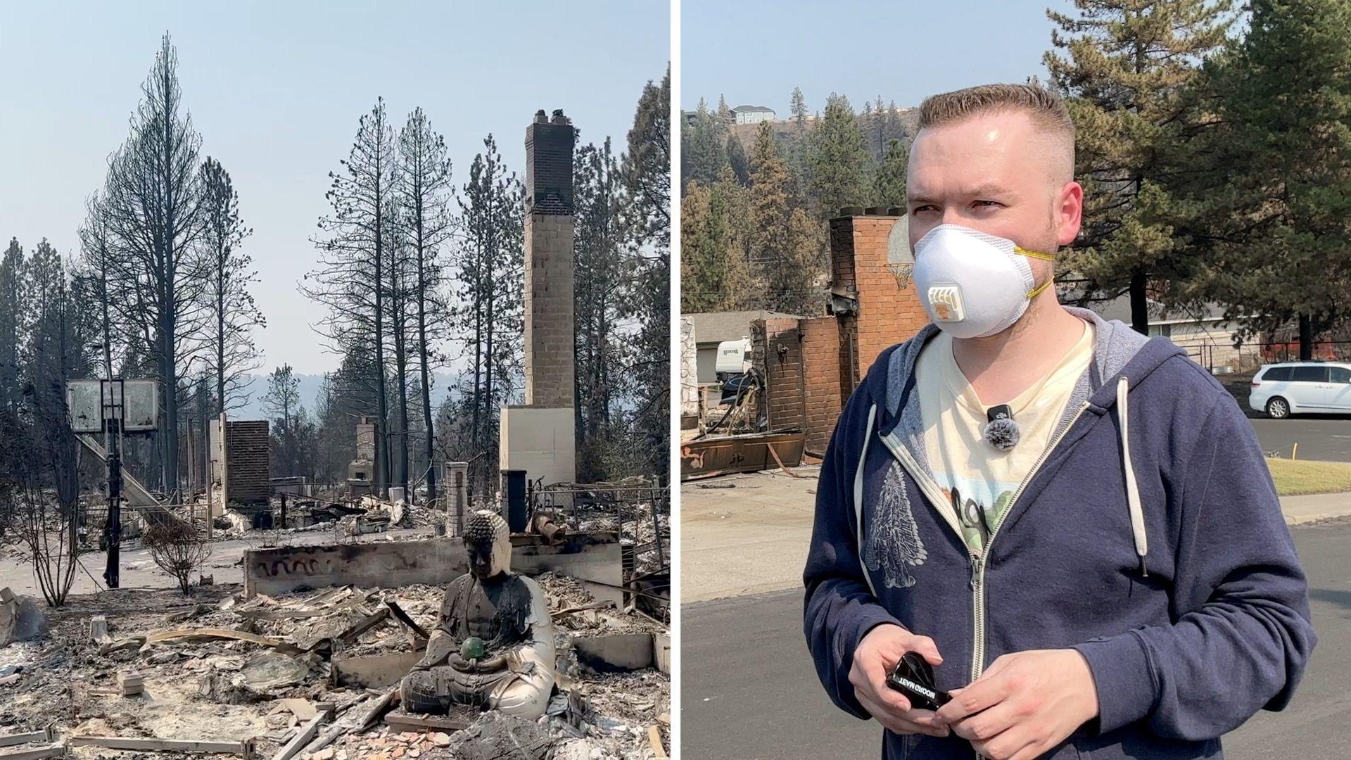 Split screen. Left, a house is burned down. Right, a resident is being interviewed by BBC.