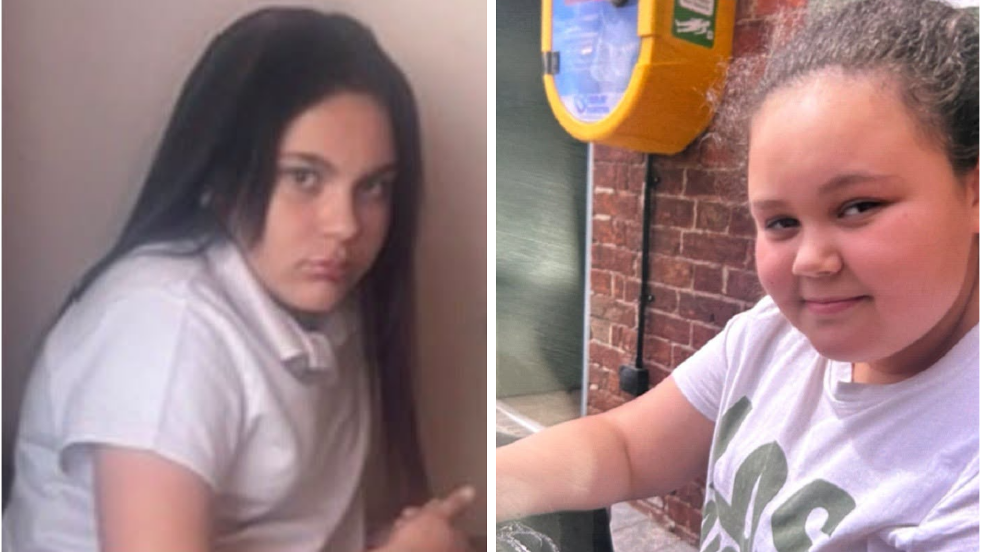 Two images of the girls appear together. Verity on the left could be posing in an individual school photo. She has a white shirt on and long , dark hair. Angelica is outside a brick building wearing a t-shirt and smiling at the camera. She has brown curly hair tied back.