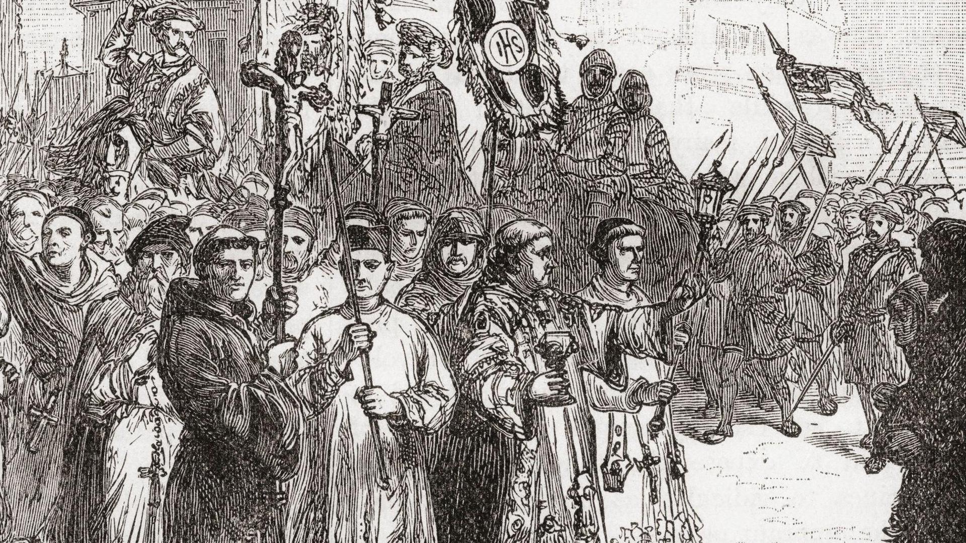 A black and white line drawing showing a crowd of monks and armed men, some holding crucifixes, others banners, wearing medieval dress and gathered in front of stone buildings.