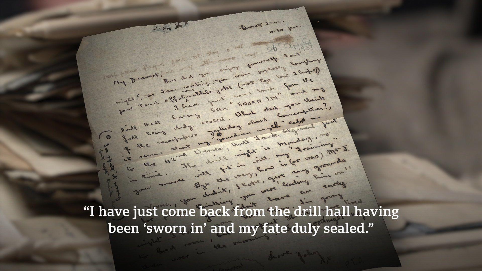 A graphic showing a letter with the quote "I have just come back from the drill hall having been 'sworn in' and my fate duly sealed." above it in white writing.